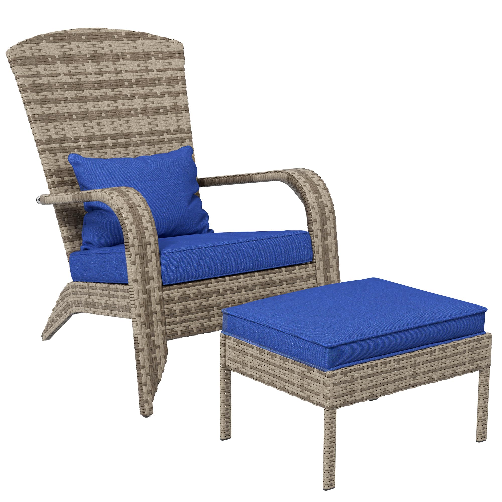 Outsunny Dark Blue Wicker Adirondack Chair with Ottoman & Cushions - High-Back Outdoor Patio Furniture with Large Seat & Armrests - Perfect for Deck, Garden, Backyard & Fire Pit Relaxation