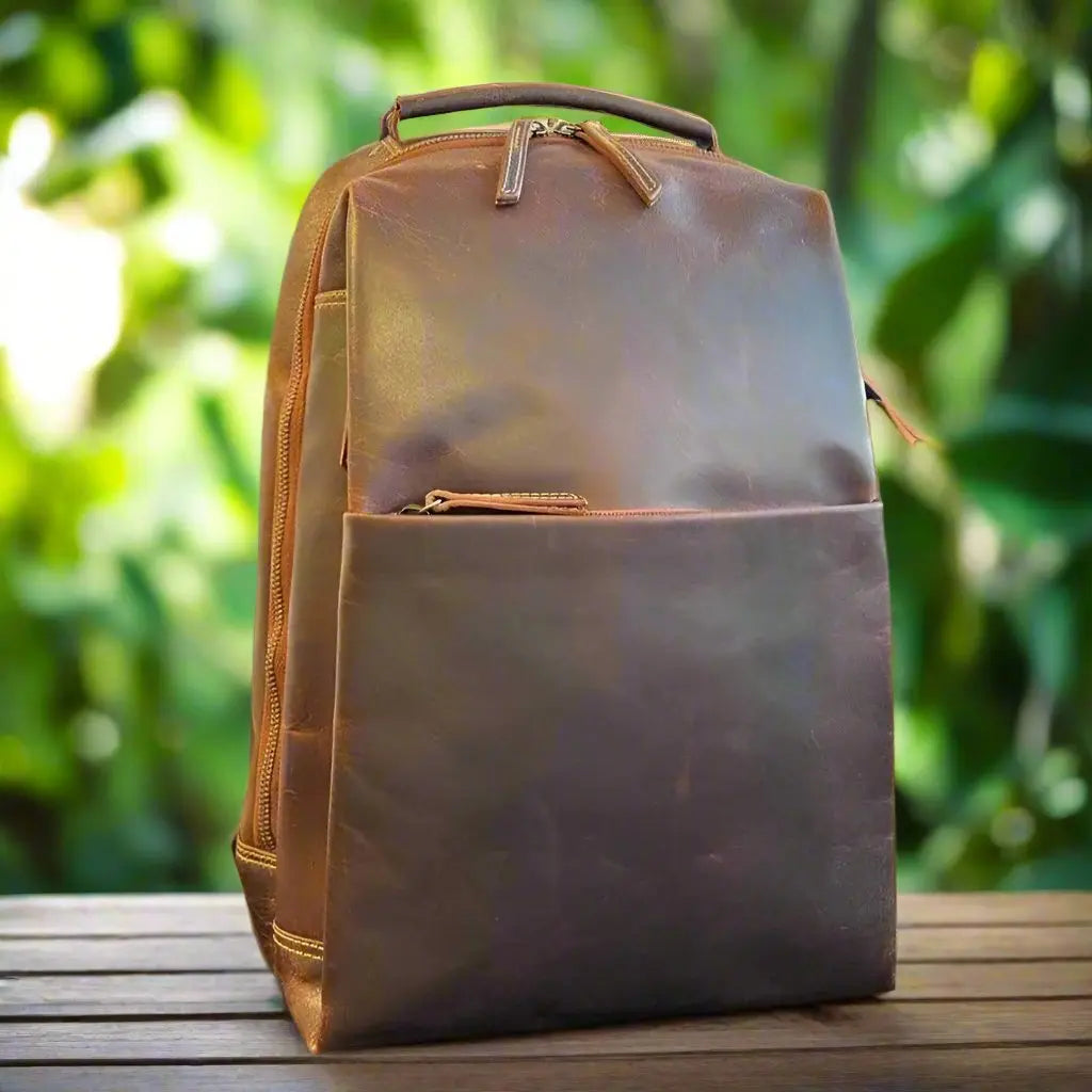 Premium MET Two Adjustable Strap Leather Backpack for Men & Women - Durable Travel & Work Commuter Bag - Perfect for Office, School & Outdoor Adventures