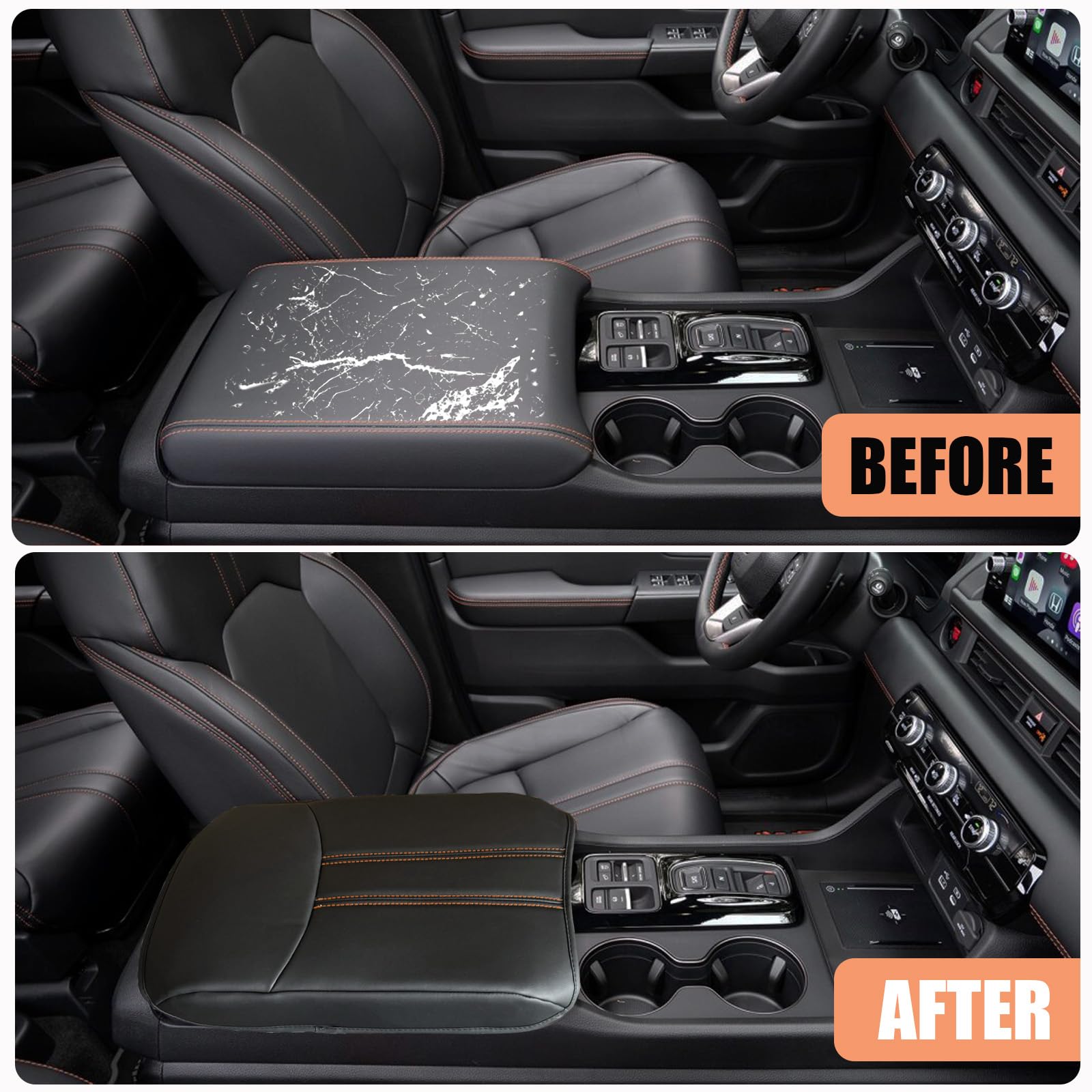 Premium Soft Leather Center Console Cover for Honda Pilot 2023-2025 & Ridgeline/Passport - Armrest Cushion Pad Accessories (Orange) - Comfort Upgrade for Long Drives & Road Trips