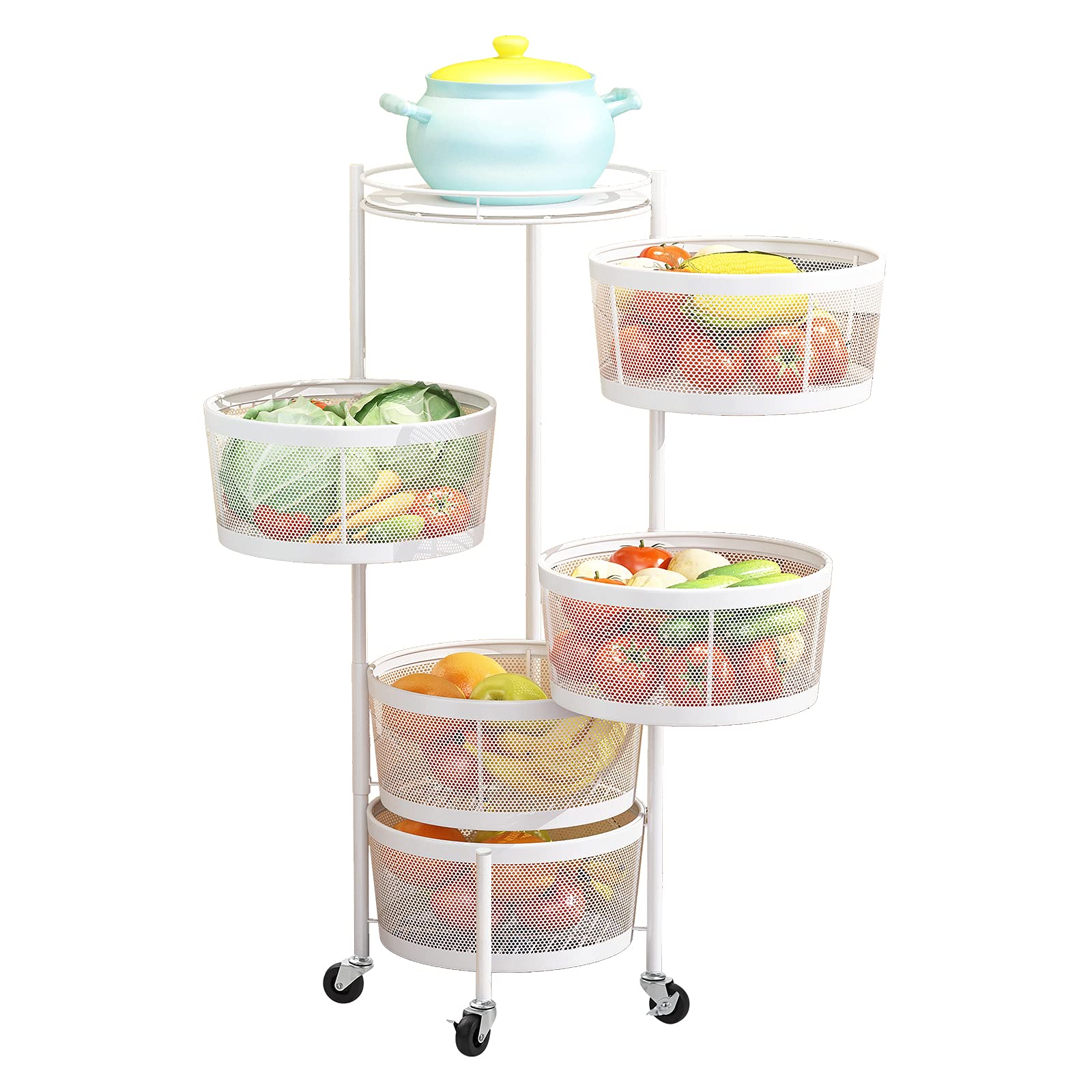 5-Tier Rotating Kitchen Storage Rack - Steel Multi-Layer Floor Stand with Wheels for Fruits, Vegetables & Snacks | Space-Saving Organizer for Kitchen, Pantry, Garage, Bathroom & Living Room | Durable White Household Storage Solution