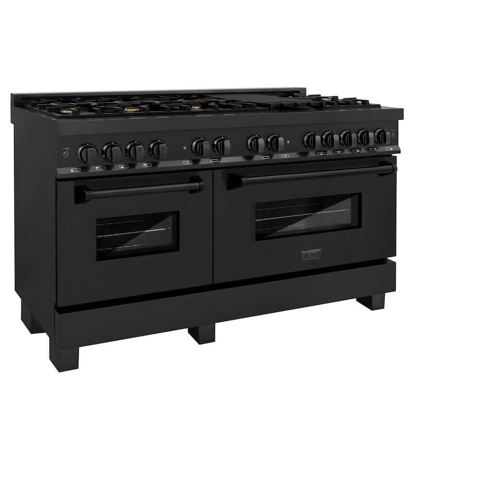 ZLINE 60-inch 7.4 cu.ft Black Stainless Steel Dual Fuel Range - 9 Burner Gas Cooktop & 2 Electric Convection Ovens (RAB 60) | Perfect for Professional Home Chefs & Large Family Cooking