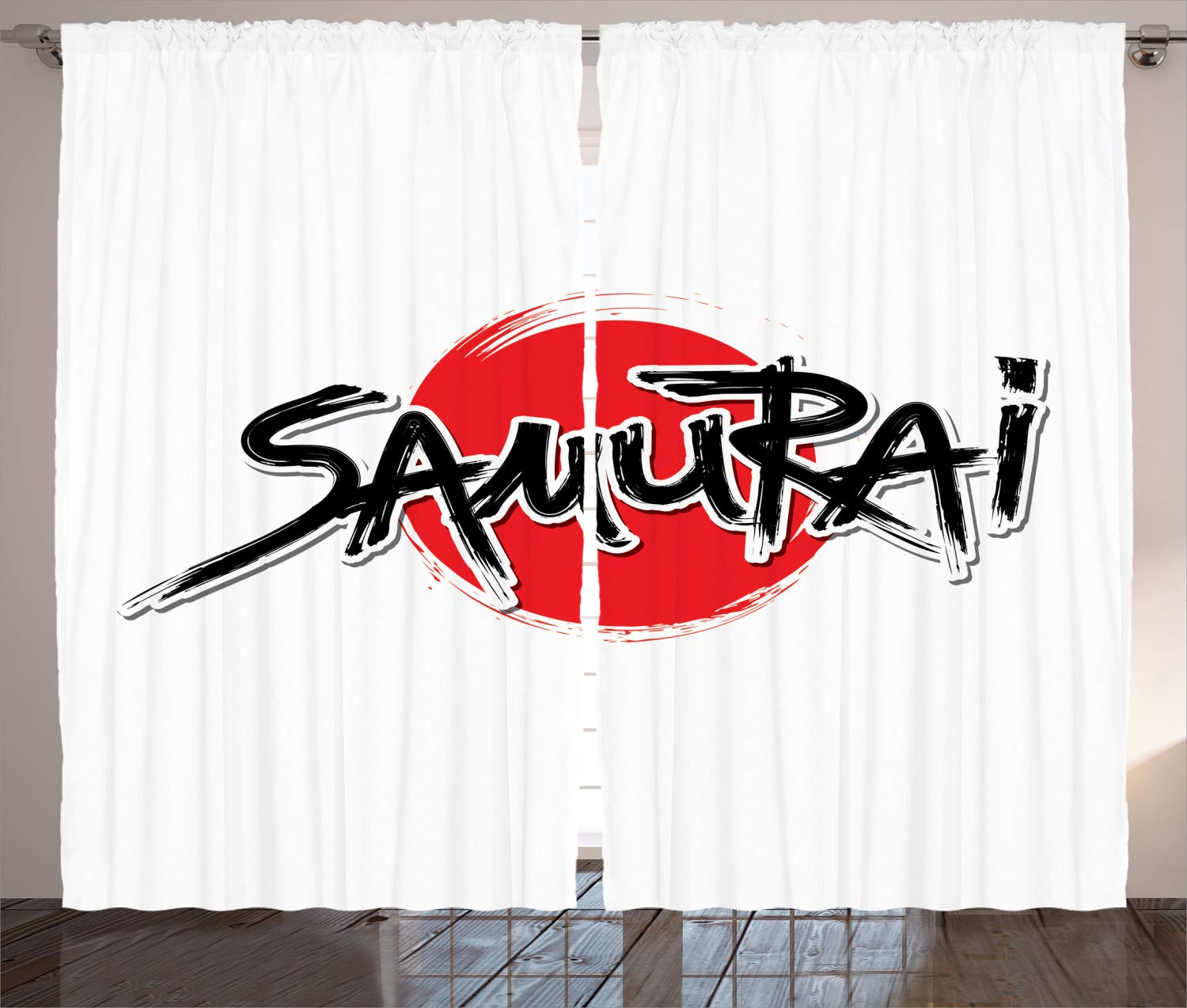 Ambesonne Japanese Samurai Curtains with Sun Emperor Lettering - Red and Black Window Drapes for Living Room & Bedroom - 108