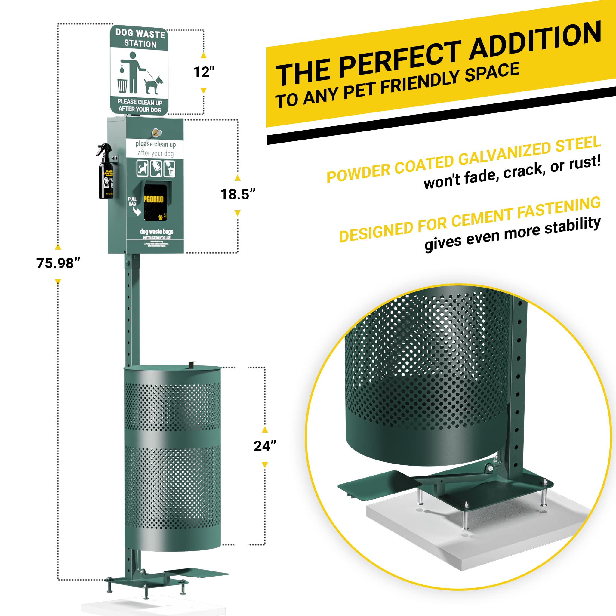 Dog Waste Station with Foot Pedal - 400 Poop Bags, 50 Trash Can Liners, Glow-in-the-Dark Sign & Hand Sanitizer - Outdoor Pet Waste Disposal System for Parks, Yards & Neighborhoods