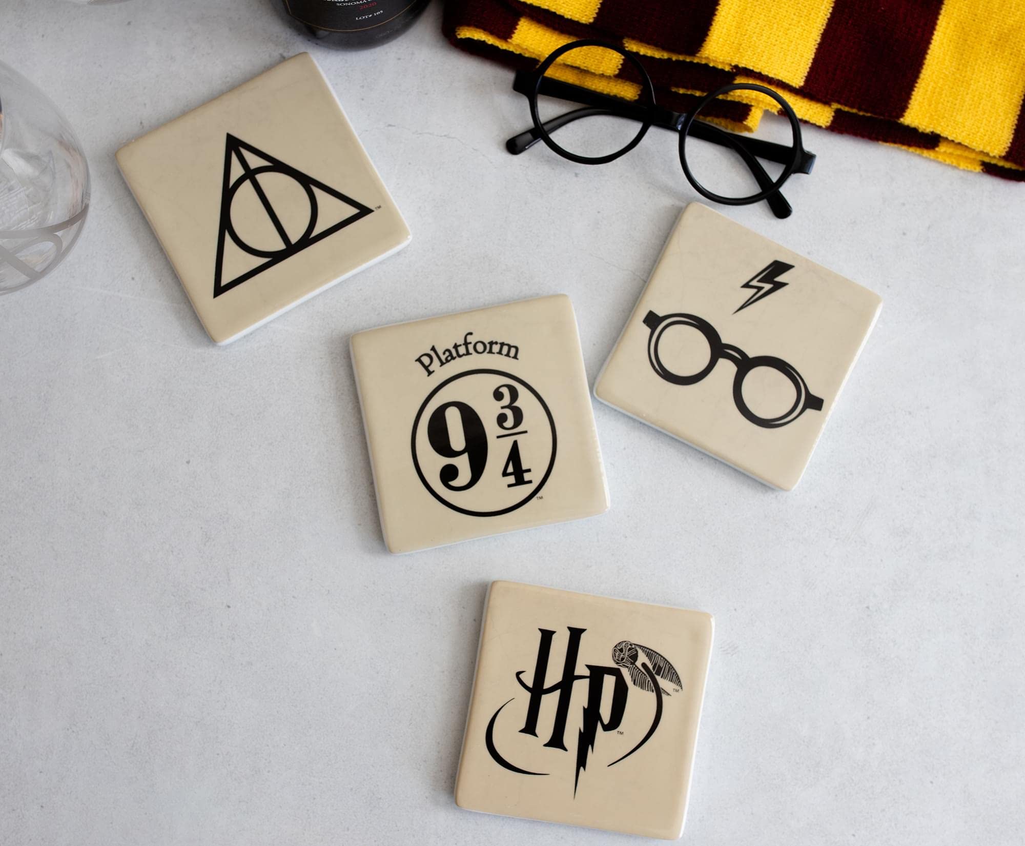 Harry Potter Ceramic Coasters Set of 4 - Absorbent Drink Coasters for Table Protection - Wizarding World Themed Home Decor for Coffee Tables, Bars, Dining & Kitchen Use - Perfect Gift for Potter Fans