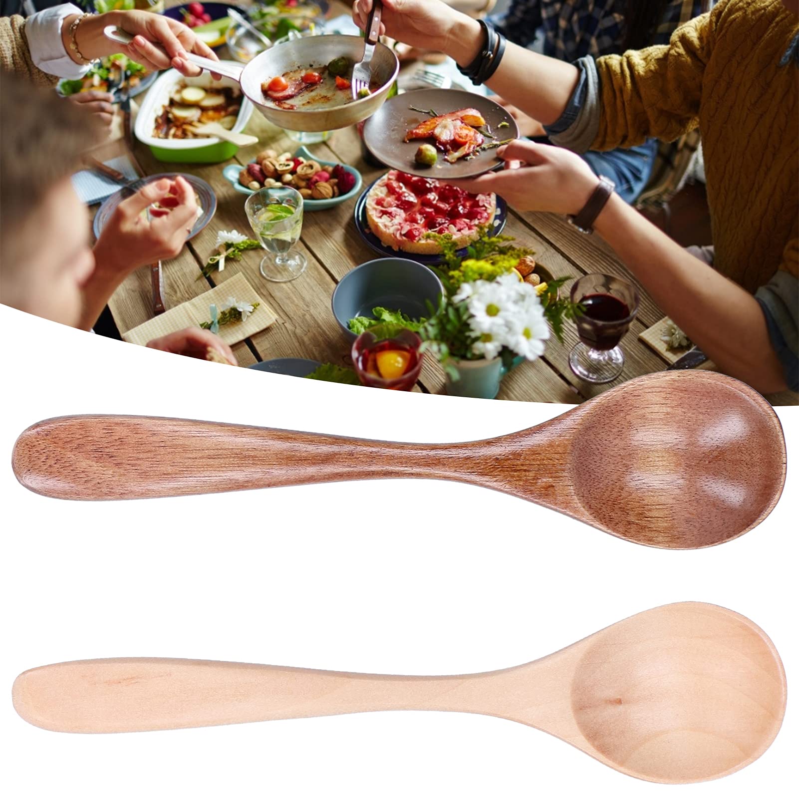 2Pcs Handmade Natural Wooden Spoons Set - Eco-Friendly Small Mixing Scoops for Soup, Coffee, Salad, Desserts, Chips, Snacks, Cereal & Fruit - Perfect for Kitchen, Camping & Picnic Use
