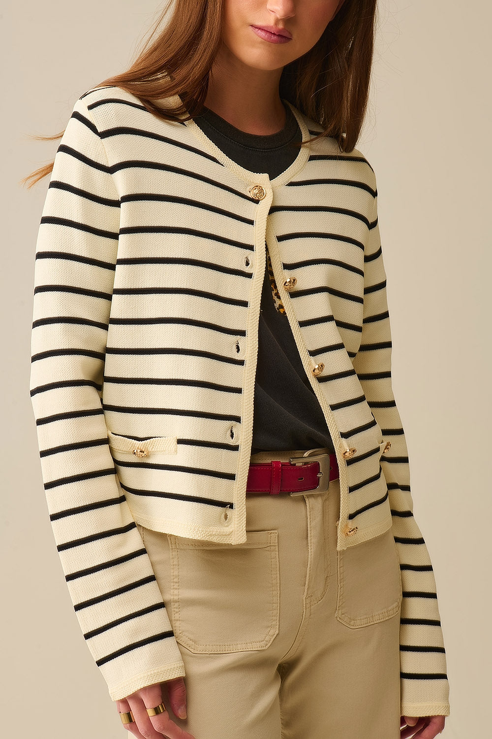 Black Striped Cream Cardigan with Gold Buttons - Cozy Knit Sweater for Women, Perfect for Fall & Winter Layering, Office Wear, and Casual Outfits