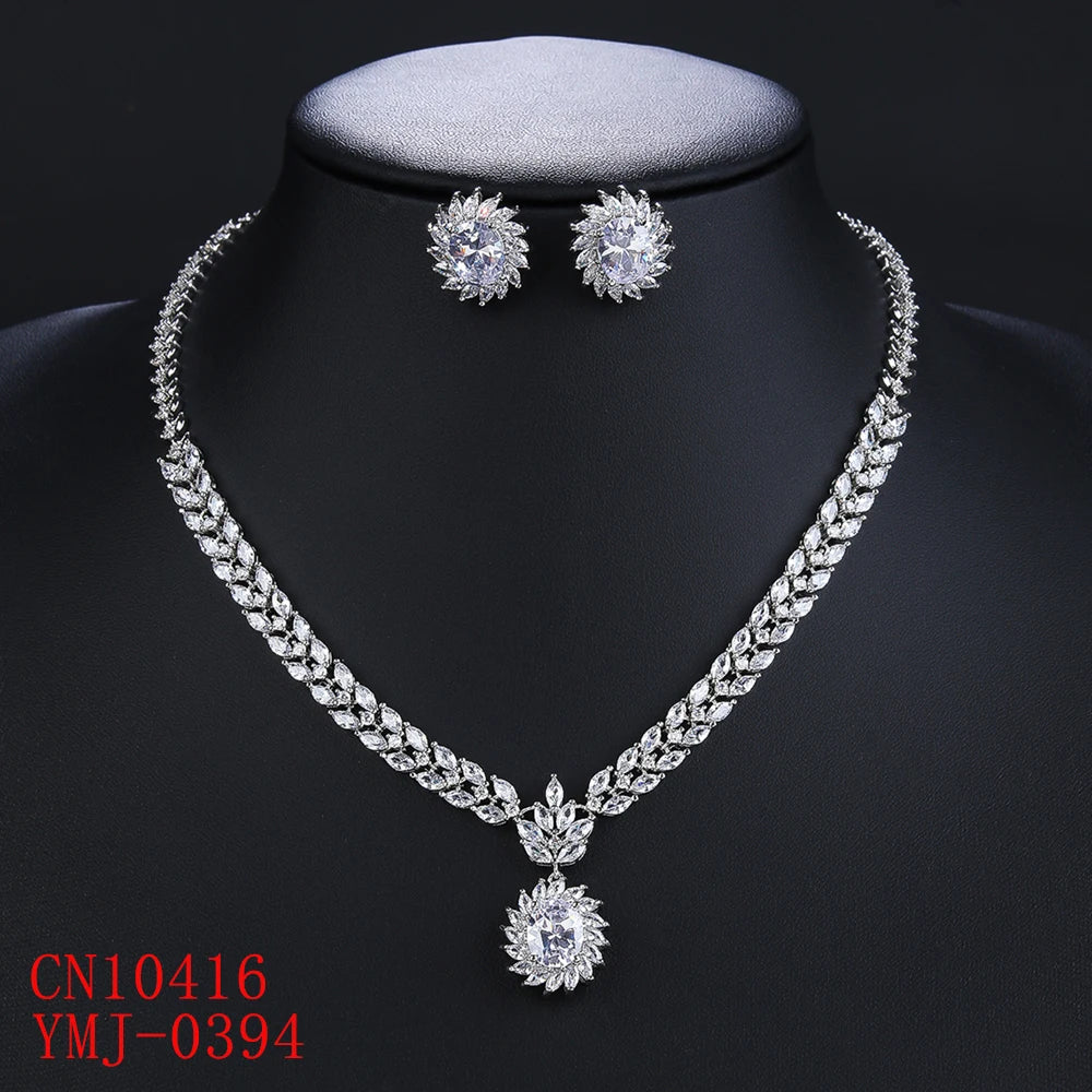 Elegant CZ Necklace and Earrings Jewelry Set - Bridal Wedding Party Jewelry - European Style Fashion Accessories for Women - Perfect for Weddings, Prom, Evening Dresses and Special Occasions