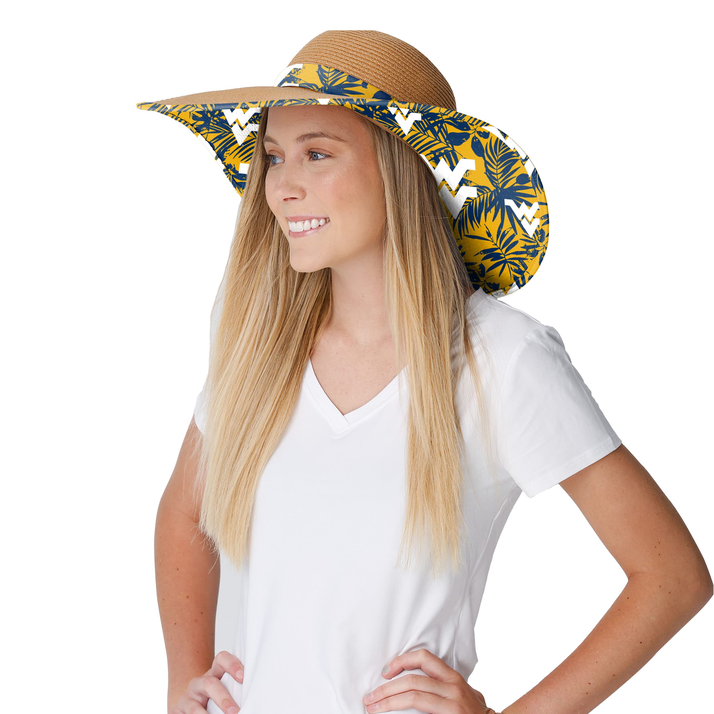 FOCO Women's NCAA Team Logo Floral Straw Sun Hat - Adjustable Wide Brim Beach Hat for Summer Outdoor Activities, Gardening, Picnics and Vacation