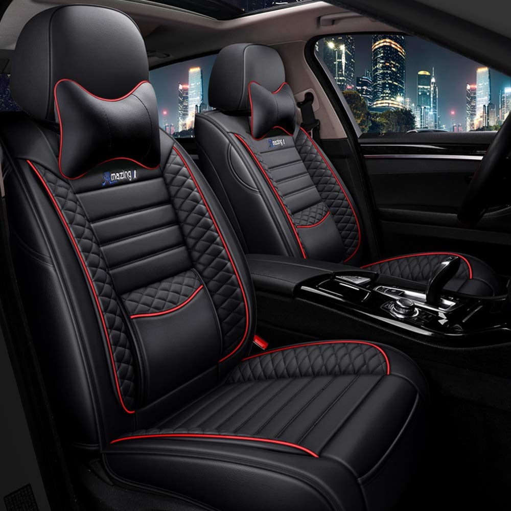 Universal Fit 5-Seat Waterproof PU Leather Car Seat Covers Set with Headrest & Lumbar Support Pillows - Compatible with Sedan SUV - Red/Black - Perfect for Road Trips & Daily Commute