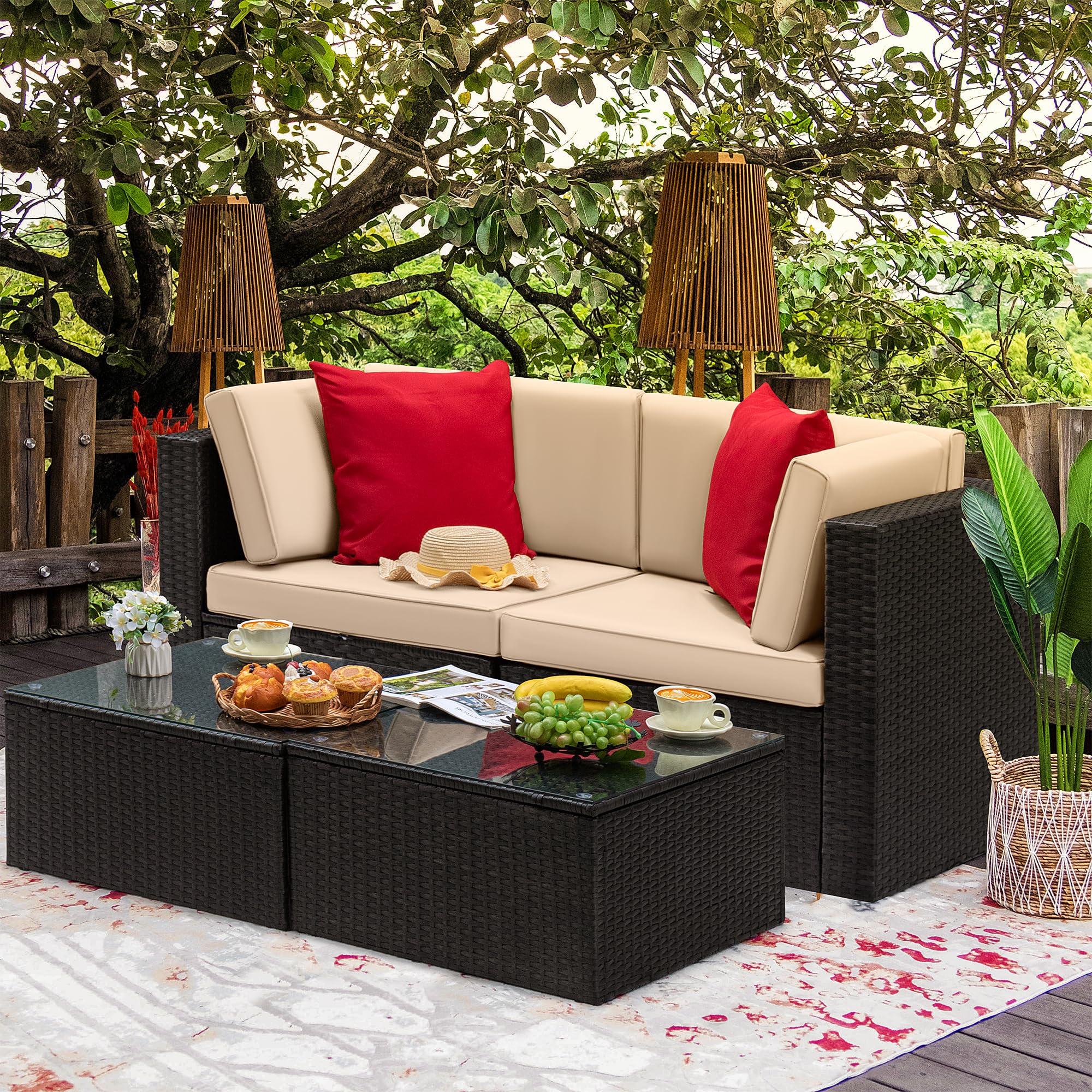Devoko 4-Piece Outdoor Patio Furniture Set - PE Wicker Rattan Sectional Sofa with Weather-Resistant Cushions for Balcony, Backyard, Garden (Beige) | Perfect for Lounging, Entertaining Guests & Relaxing in Your Outdoor Space