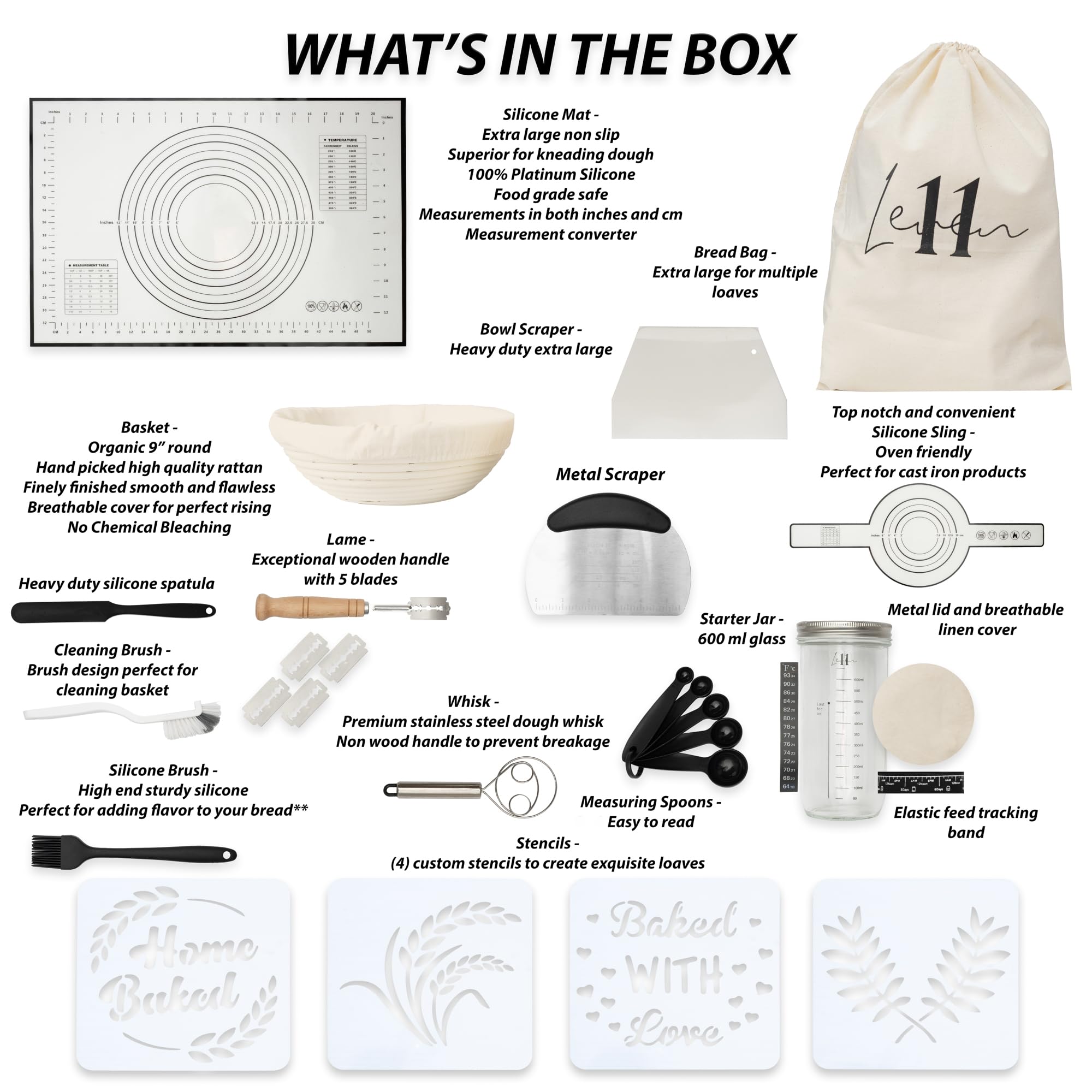 **Complete Sourdough Starter Kit - Bread Baking Supplies with Jar, Banneton Basket, Scraper, Whisk & Lame | Perfect for Homemade Artisan Sourdough Bread & Gifts**    *(Use Cases: Ideal for beginners, home bakers, sourdough enthusiasts, and DIY bread-making gifts.)*