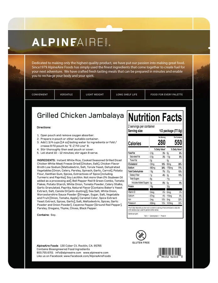 AlpineAire Freeze-Dried Grilled Chicken Jambalaya - Lightweight Backpacking & Camping Meal - High Protein Emergency Food for Hiking, Survival & Outdoor Adventures