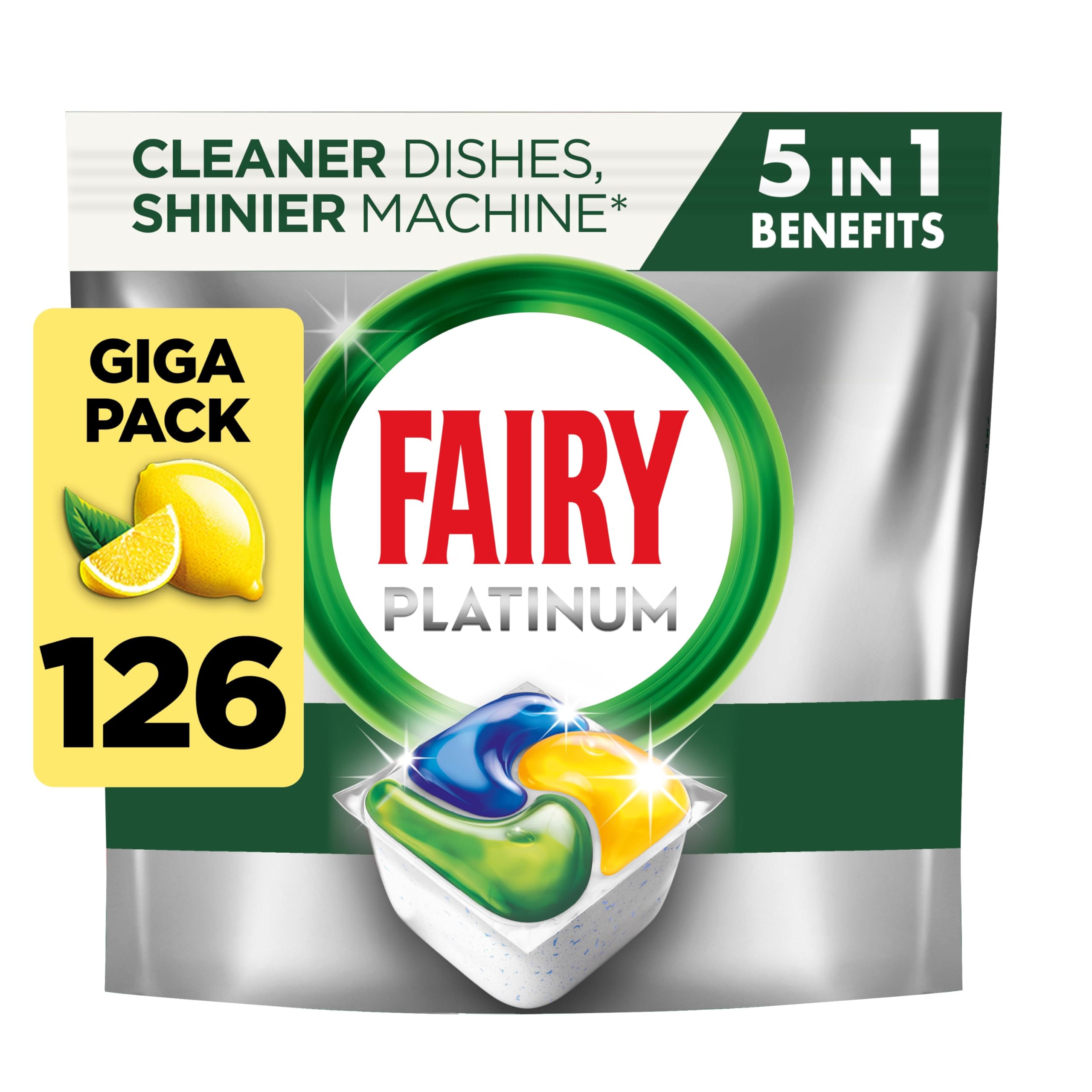 Fairy Platinum All-in-One Lemon Dishwasher Detergent Tablets - 126 Count | Powerful Cleaning for Tough Grease & Stains | Ideal for Hard Water & Daily Dishwashing Needs