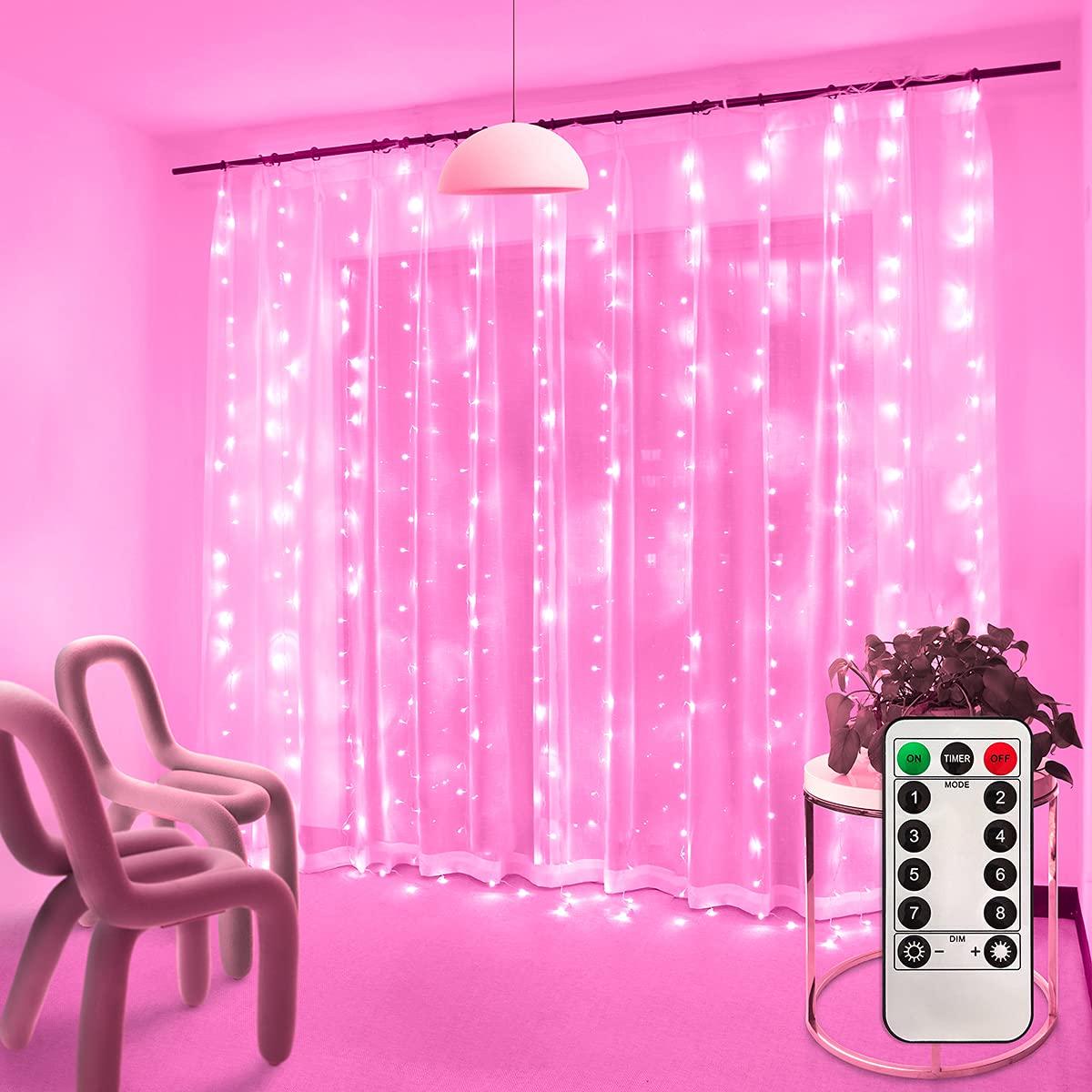 Pink Coozi Curtain Lights - 300 LED Fairy String Lights with USB Charging & Remote Control | Perfect for Bedroom Decor, Party Lighting, Holiday Decorations, Window & Wall Decoration | Indoor & Outdoor Use