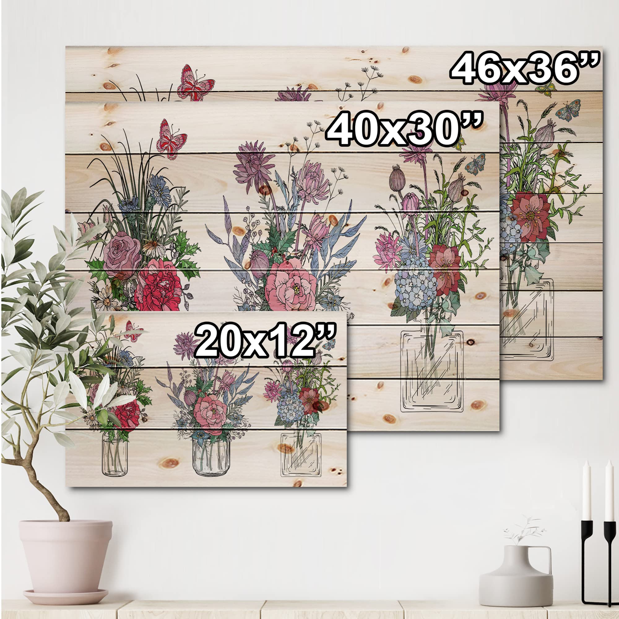 Farmhouse Wood Wall Decor - Bouquets of Wildflowers in Transparent Vases - Large Floral Wood Wall Panels Printed on Natural Pine - Rustic Red Wood Wall Art for Living Room, Bedroom & Home Office Decor