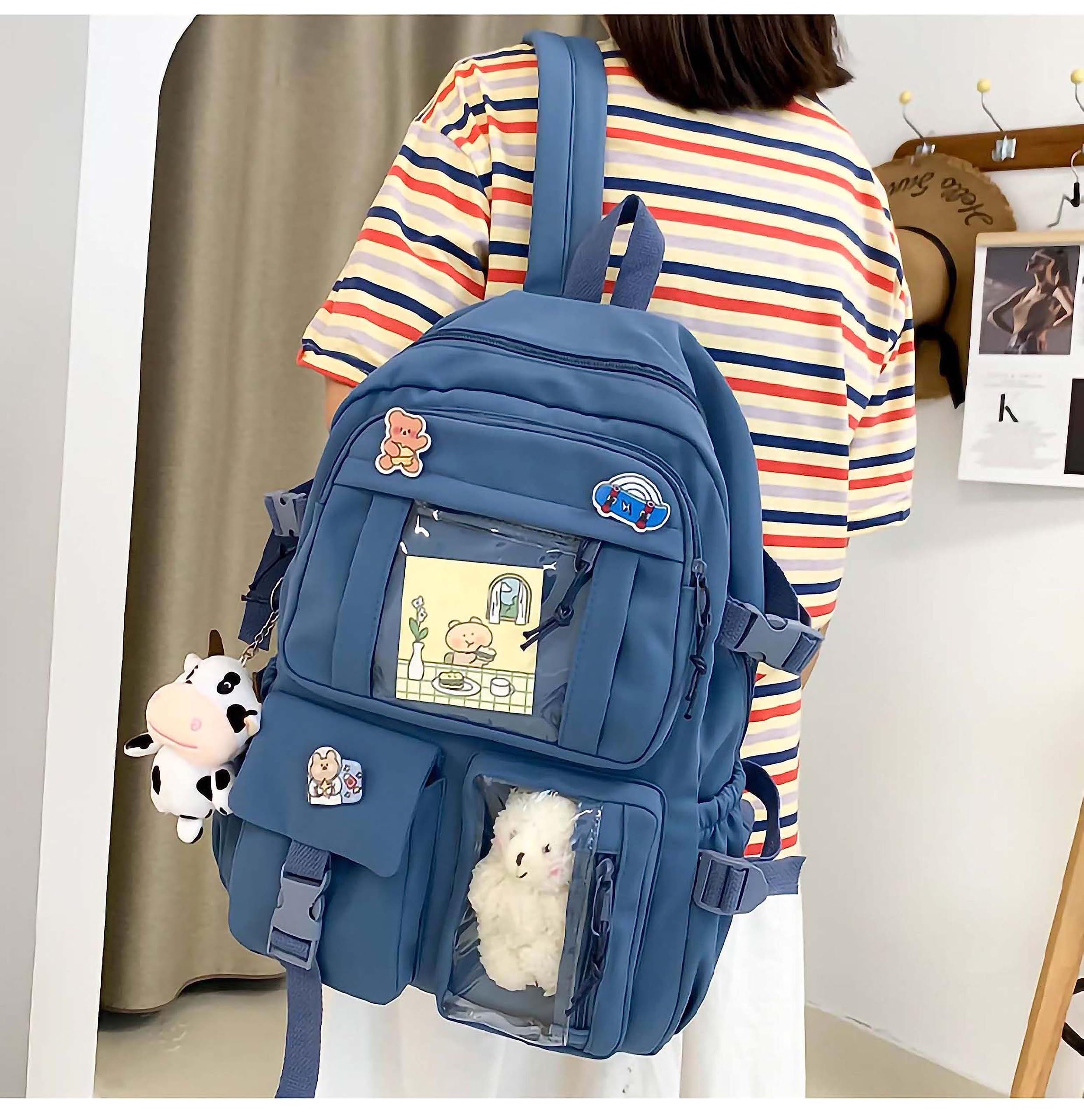 Cute Kawaii Backpack with Plush Pendant & Pins - Aesthetic School Backpack for Girls, Teens, College - Perfect for School, Travel, and Everyday Use