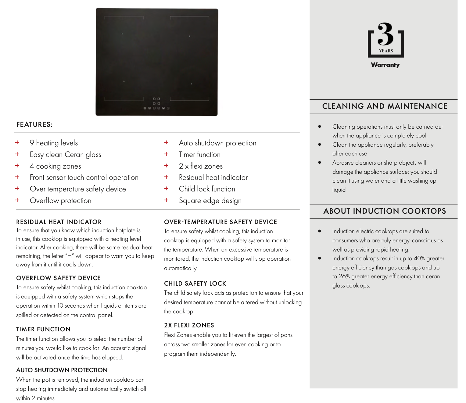 Euro Appliances EI04 60cm Built-in Induction Cooktop with Touch Control - Perfect for Modern Kitchens, Fast Cooking & Energy Saving