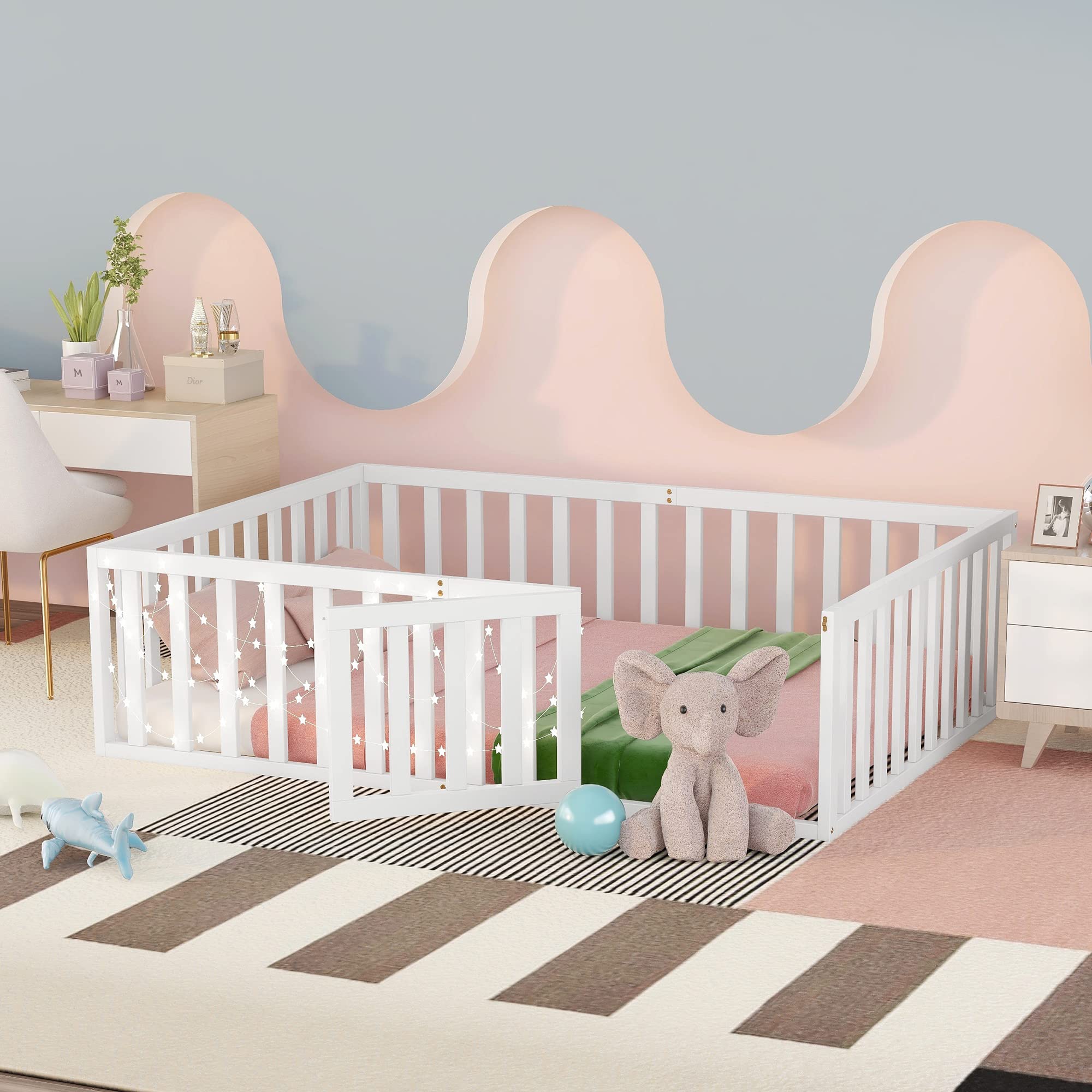 Bellemave Full Size Montessori Floor Bed for Kids - Wooden Toddler Bed Frame with Safety Guardrails & Door - White Full Size Bed for Boys & Girls - Perfect for Montessori Bedrooms, Daycare, or Nursery