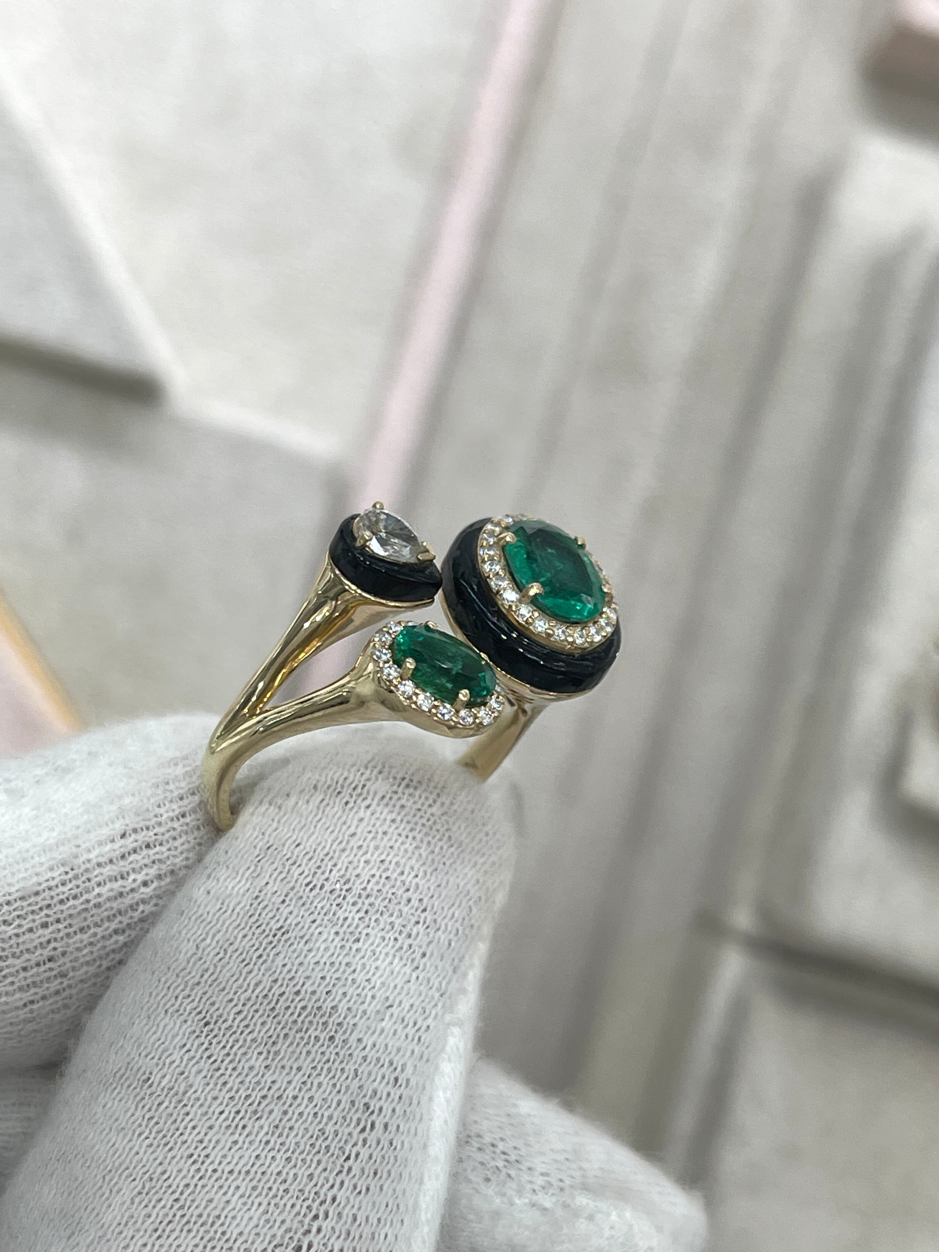 3.87tcw Oval Emerald Diamond Black Onyx Cluster Statement Ring in 14K Gold - Elegant Jewelry for Weddings, Parties & Special Occasions