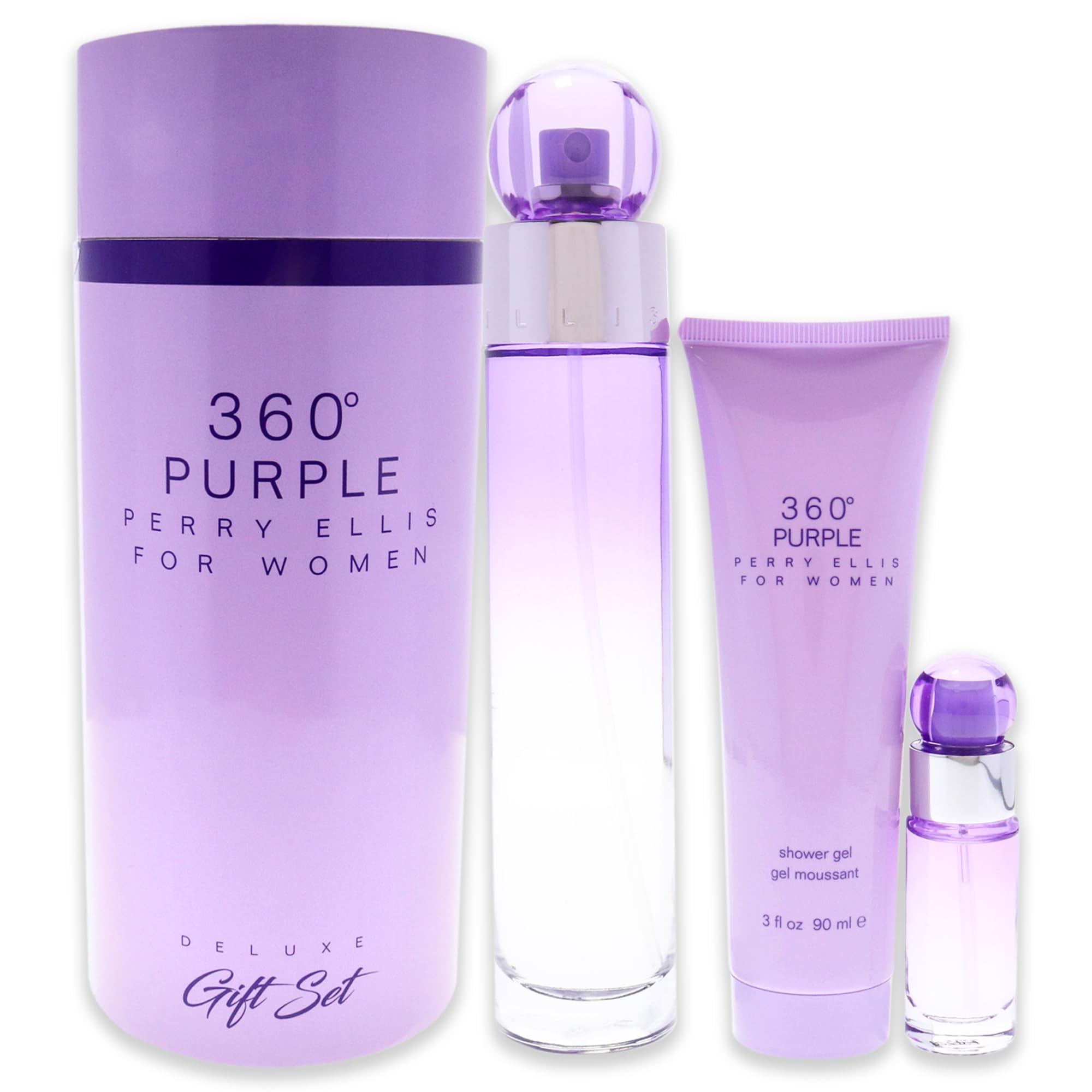 Perry Ellis 360° Purple Gift Set for Men - 3.4 oz Eau de Parfum, 3 oz Shower Gel & 2.5 oz Travel Spray - Blackberry, Peach, Sandalwood & Musk Fragrance - Perfect for Gifts, Travel & Special Occasions