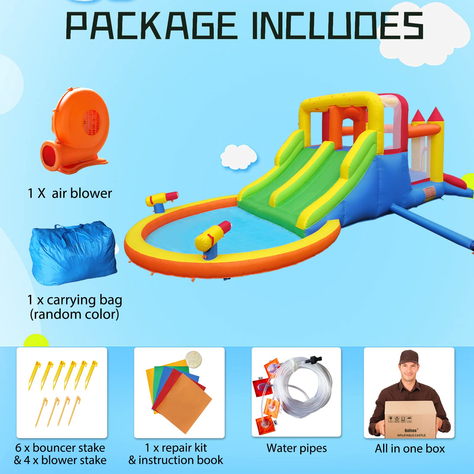 Inflatable Bounce House with 4 Slides & Large Splash Pool - Kids Water Park with Ultra-Wide Climbing Wall, Jumping Area, Water Cannons & Surprise Sprayers for Ages 3-10 (20.6'L x 9.6'W x 6.4'H) - Perfect for Backyard Birthday Parties, Summer Fun & Outdoor Family Activities
