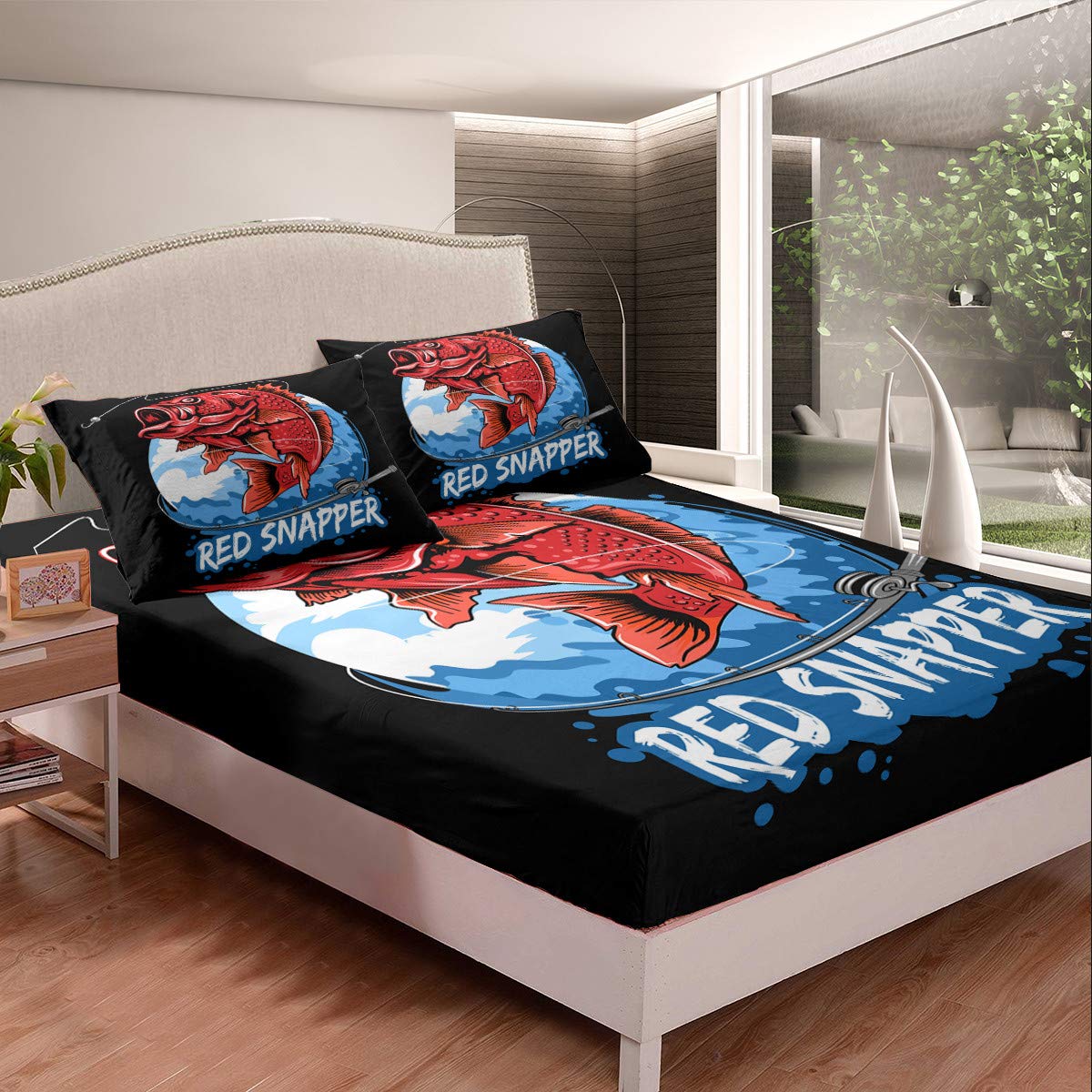 Big Red Snapper Print Fishing Theme Bed Sheet Set - Queen Size, Soft & Breathable, 3-Piece Duvet Cover (1 Fitted Sheet + 2 Pillowcases) - Perfect for Teen Bedrooms, Beach House Decor & Fishing Enthusiasts