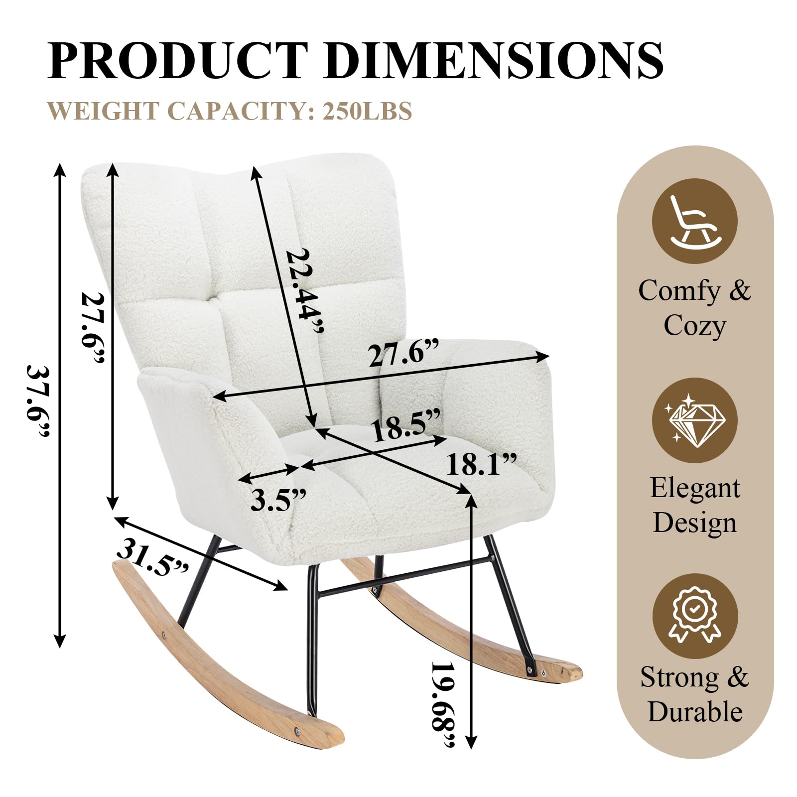 Teddy Upholstered Nursery Rocking Chair - High Back Glider Rocker with Metal Legs, Comfortable Accent Armchair for Baby Room, Living Room Reading & Nursing Chair (White) | Perfect for Nurseries, Breastfeeding, Storytime & Relaxation