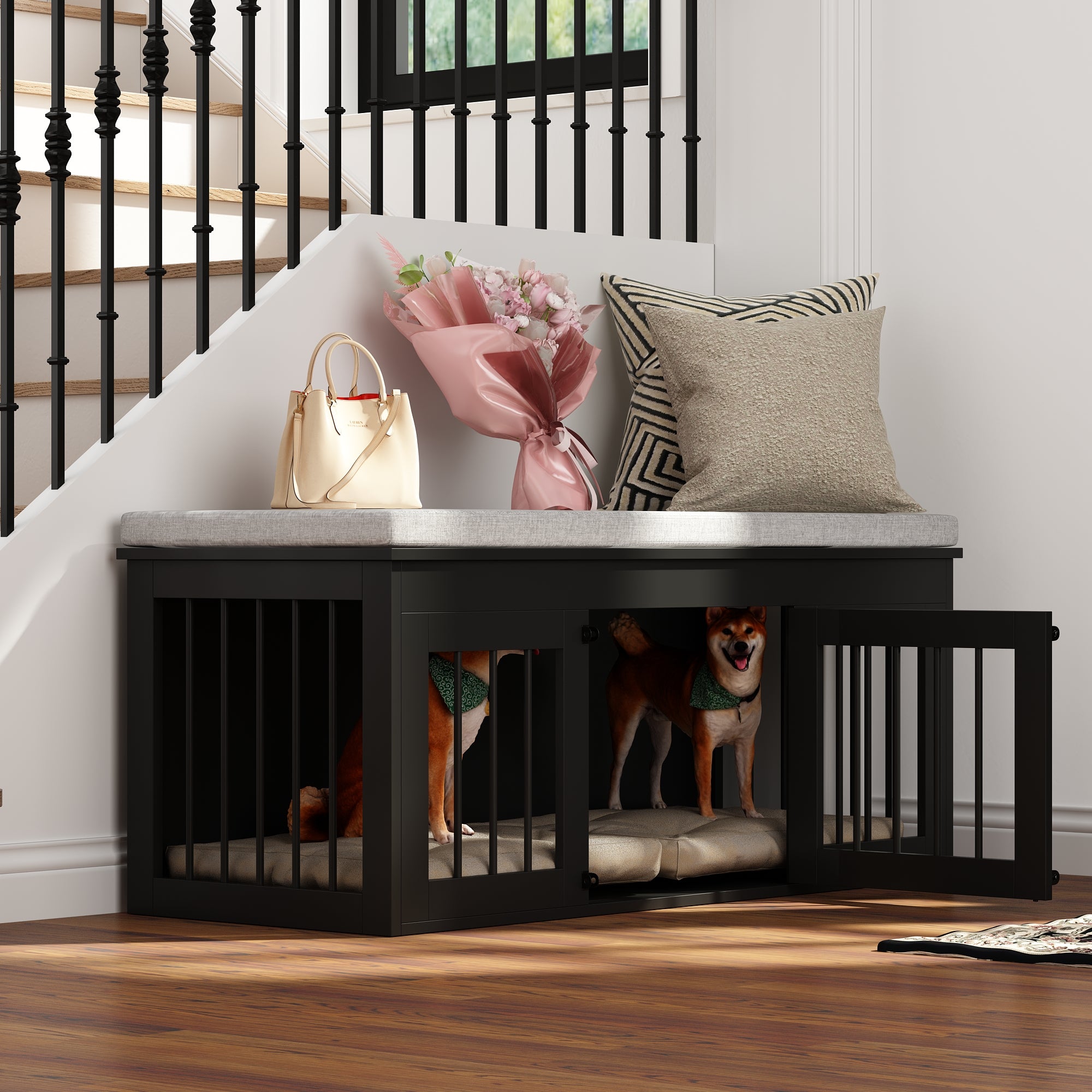Sturdy Wooden Bed Bench Dog Crate with Removable Cushion - Multi-Functional Pet Furniture for Living Room, Bedroom & Entryway