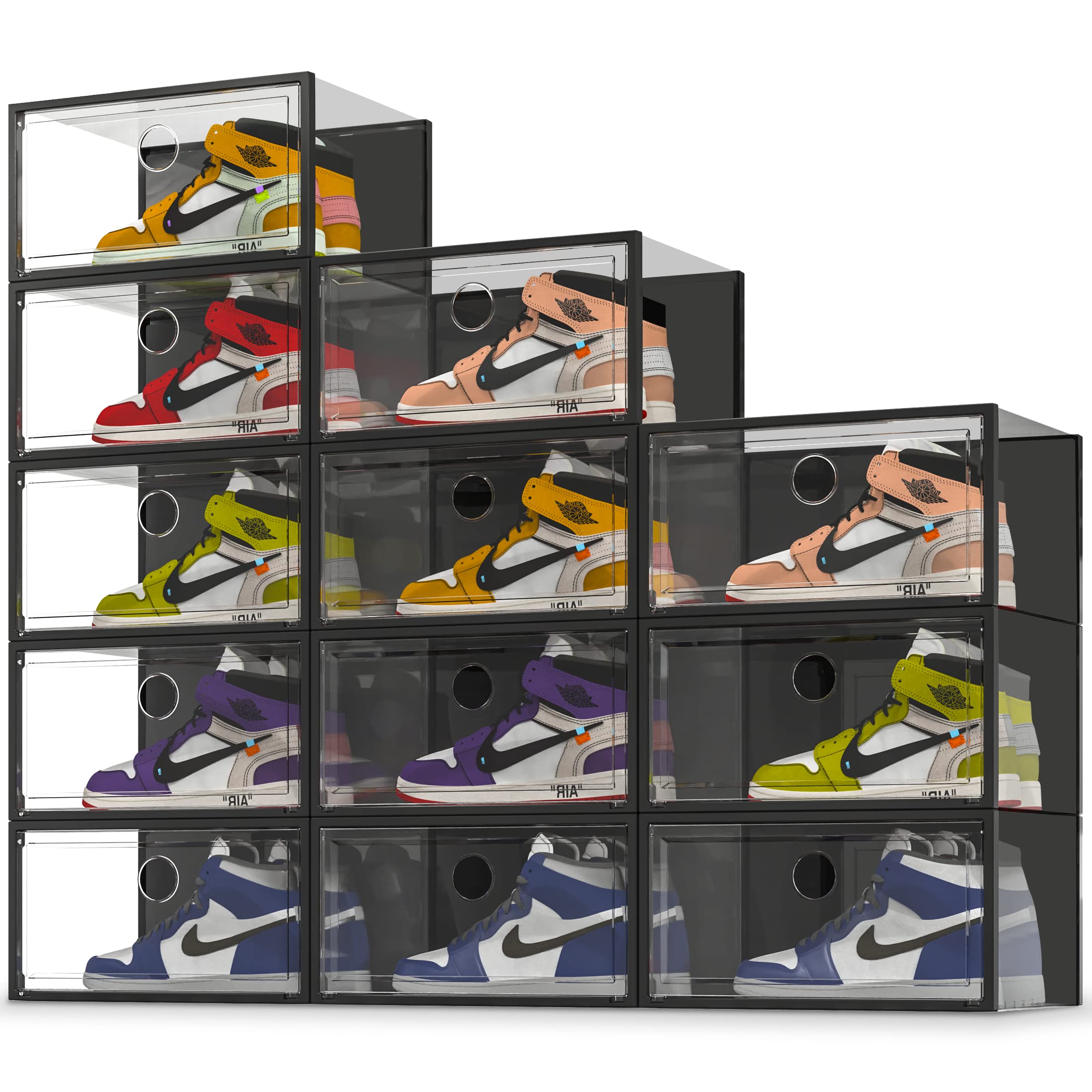 SEE SPRING X-Large 12 Pack Clear Plastic Shoe Storage Boxes - Stackable Shoe Organizer for Closet, Sneaker Containers Fit Up to Men's Size 13 (Black) | Perfect for Closet Organization, Shoe Collection & Small Space Storage