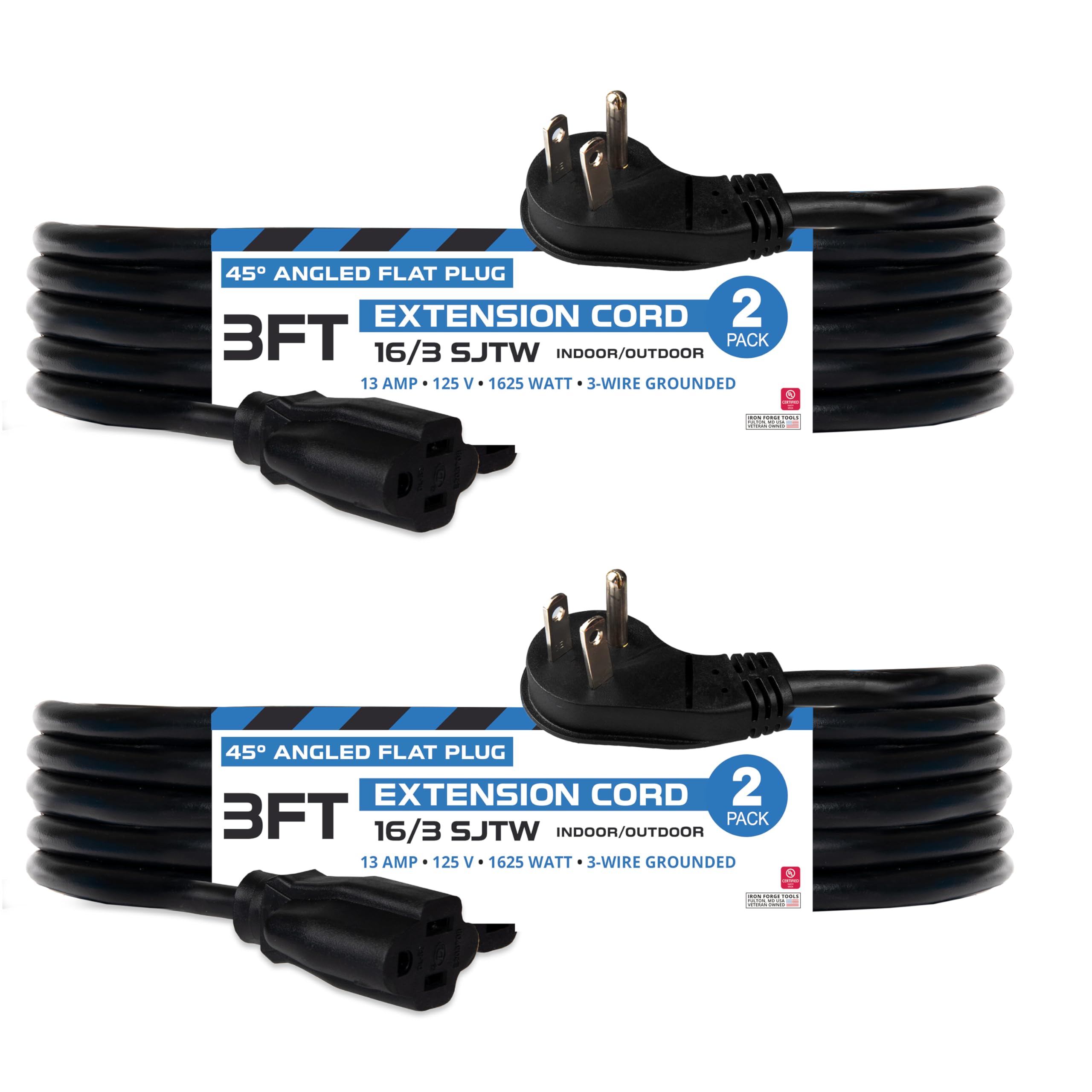 Iron Forge Cable 3 ft Flat Plug Extension Cord 3 Prong, 2 Pack - 16 AWG Black Indoor Power Cord with 45° Angled Flat Plug, 13 Amp SJT - Perfect for Tight Spaces Behind Furniture & Home Office Setup - US Veteran Owned