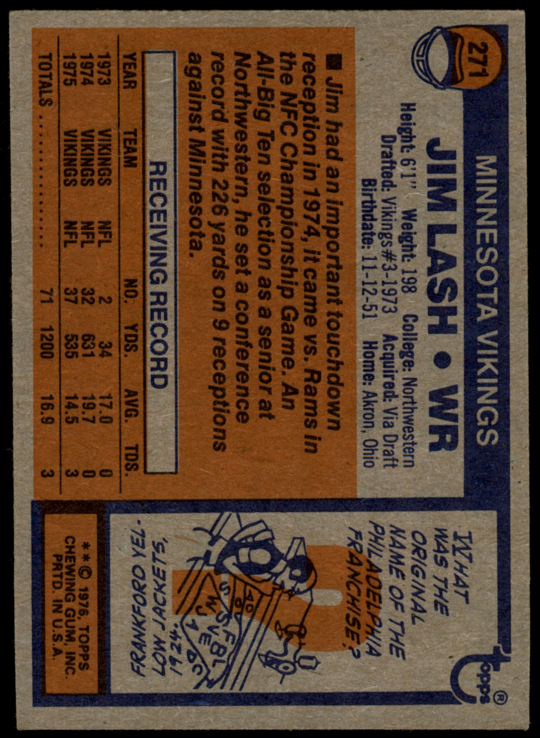 1976 Topps #271 Jim Lash Minnesota Vikings Football Card - EX Condition - Collectible NFL Vintage Sports Card for Display & Investment