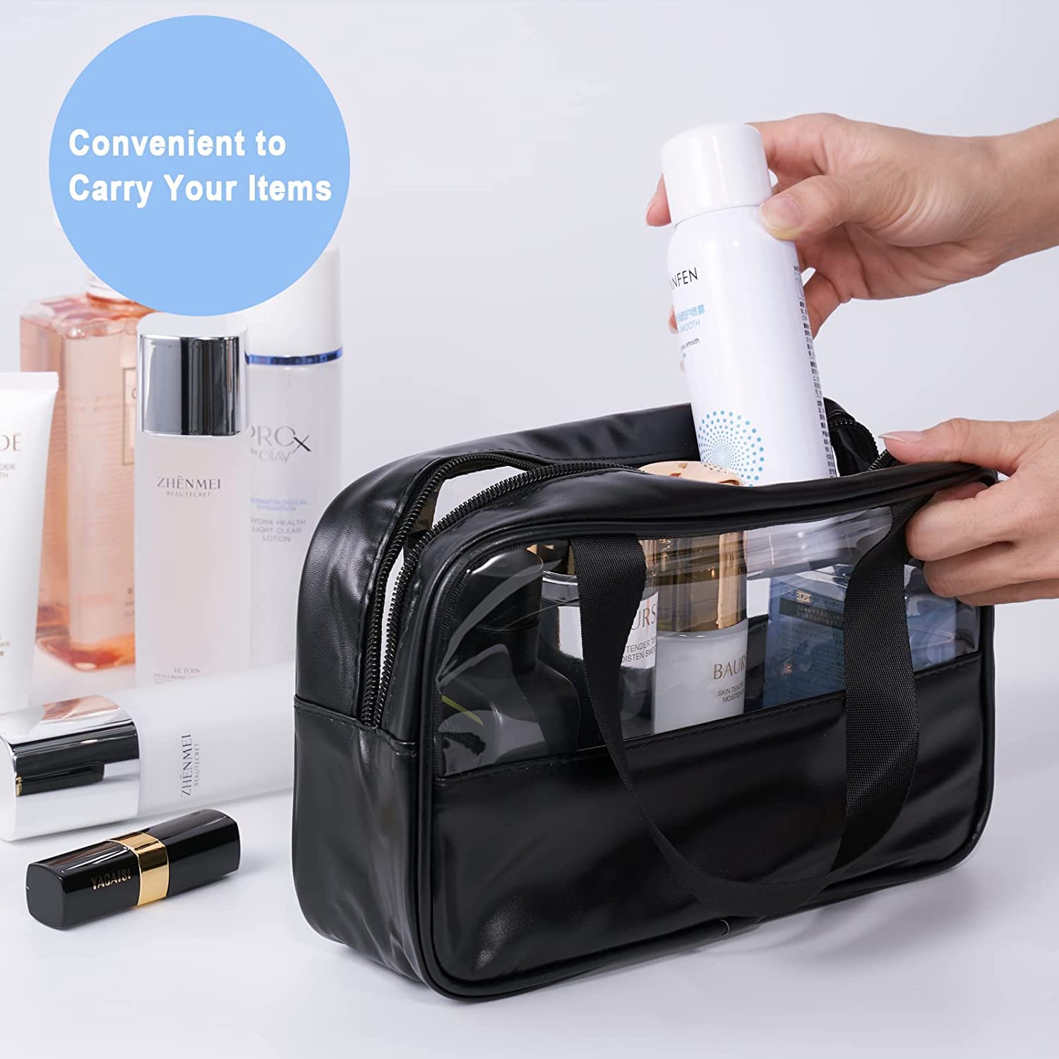 Trendegic Clear PVC Travel Cosmetic Bag - Waterproof Toiletry & Makeup Organizer Pouch for Women & Girls (Black, 1 Pack) - Perfect for Airplane Carry-On, Gym Essentials & Vacation Packing