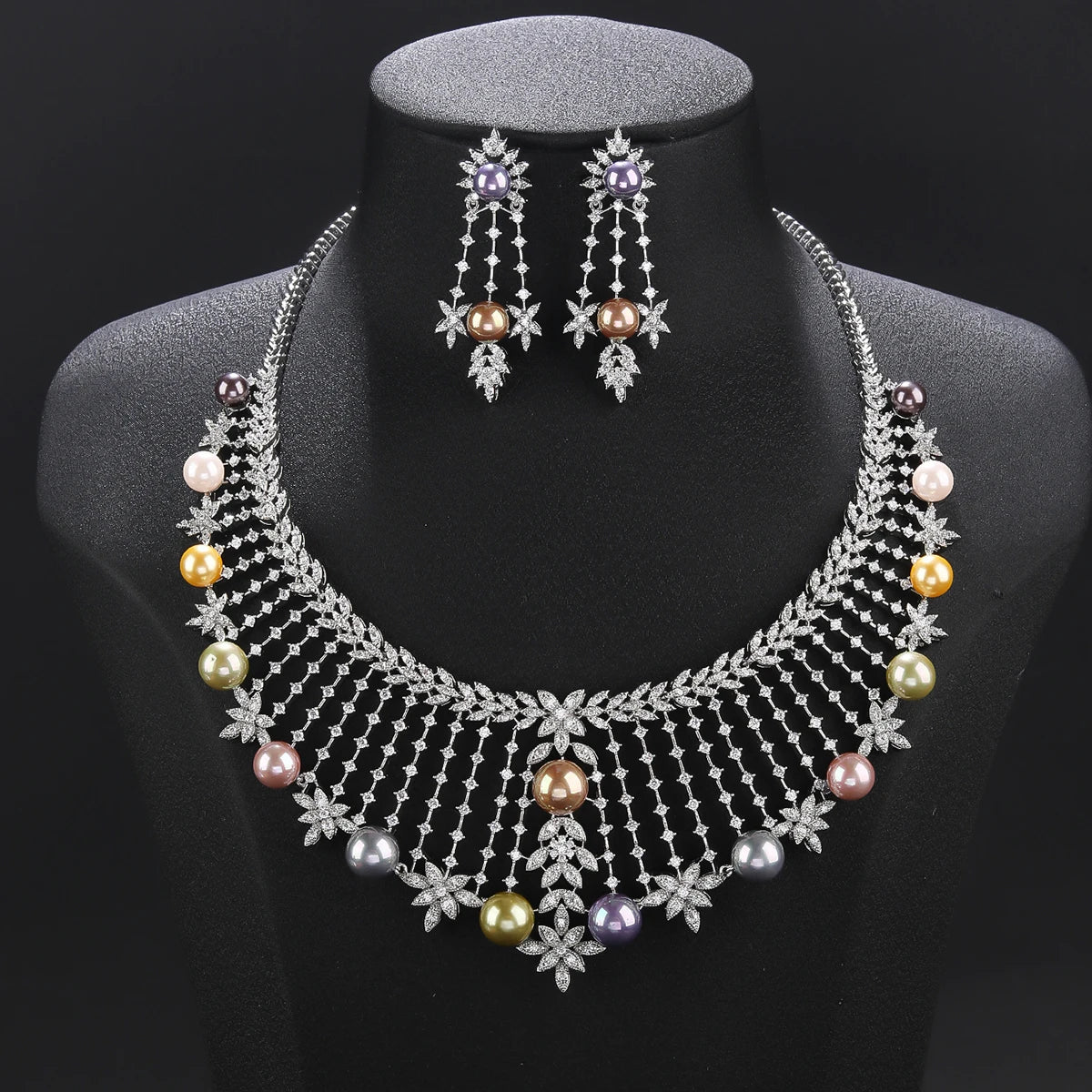 Luxury Cubic Zirconia Flower Pearl Necklace Set - Elegant Bridal Wedding Jewelry for Women | Perfect for Nigeria & Dubai Weddings, Parties & Special Occasions