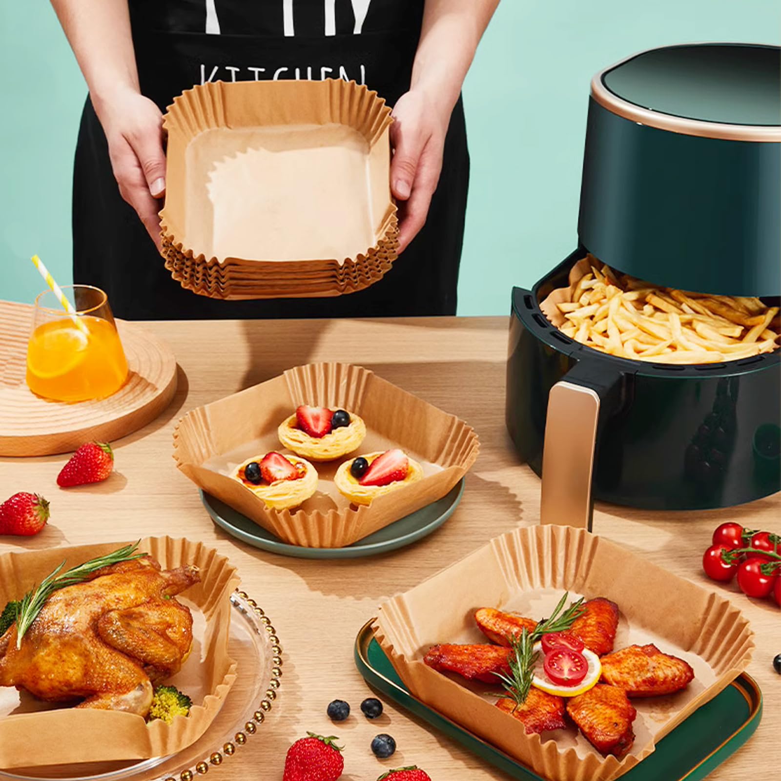 **150-Pack Disposable Air Fryer Liners - 8 Inch Non-Stick Parchment Paper for 5-8QT Air Fryers | Oil-Proof, Microwave Safe | Perfect for Frying, Baking, Roasting & Reheating | Square Shape for Easy Fit**