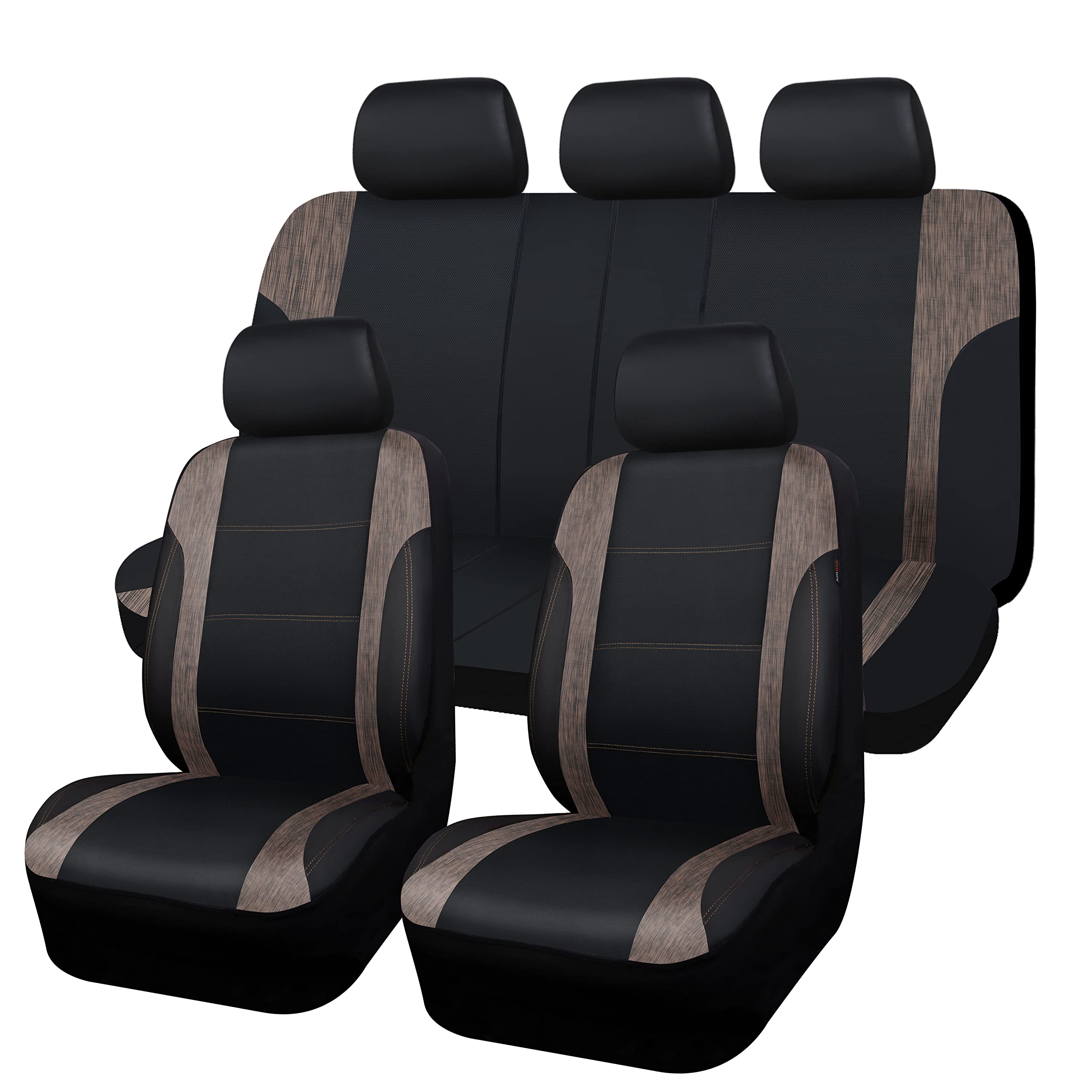 Premium Universal Car Seat Covers - Genuine Leather with Wood Grain Design, Airbag Compatible for SUVs, Sedans, Vans & Trucks (Black/Brown) - Luxury Protection & Style Upgrade for Daily Commute, Road Trips & Family Travel