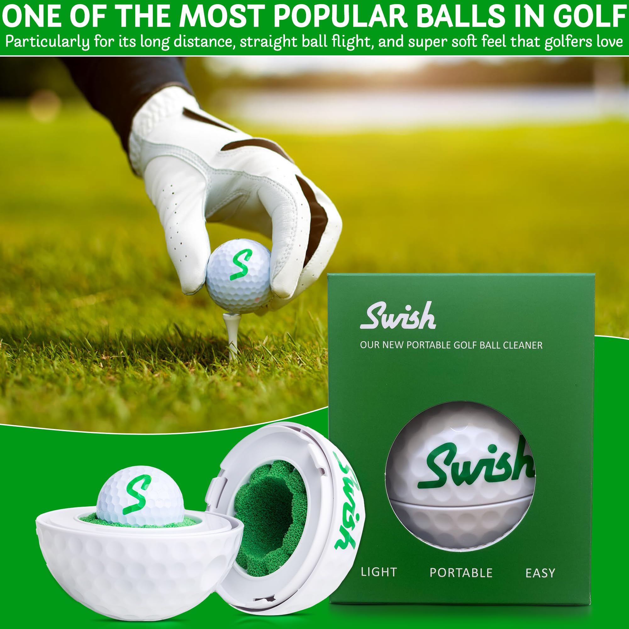 Swish Portable Golf Ball Cleaner – Clip-On Golf Accessory for Golf Bag or Cart – Best Golf Gift for Men & Women – Ideal for Driving Range & Course Play