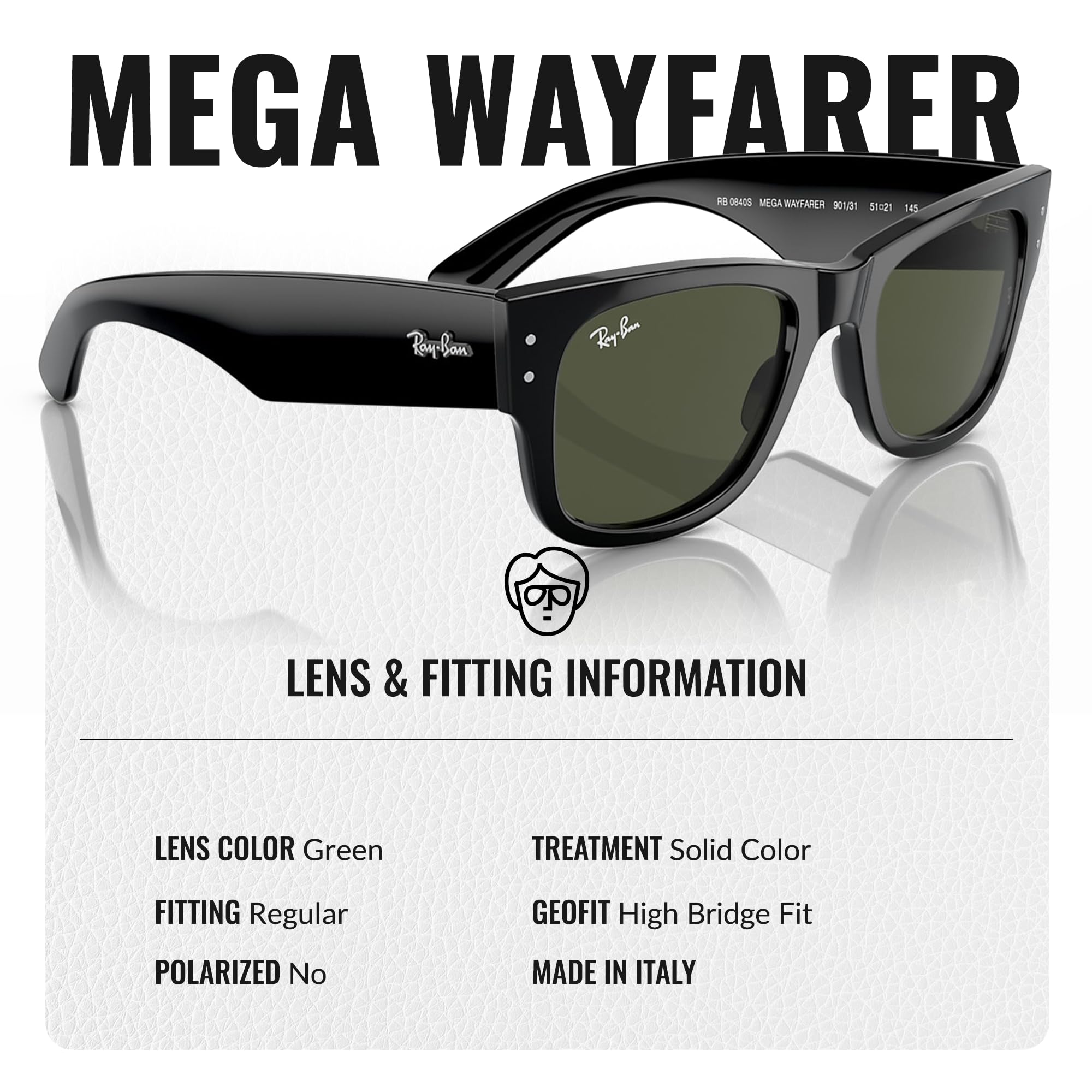 Ray-Ban RB0840S MEGA WAYFARER Square Sunglasses with Eyewear Kit - High Bridge Fit - UV Protection - Classic Style for Men & Women - Perfect for Driving, Beach, and Outdoor Activities
