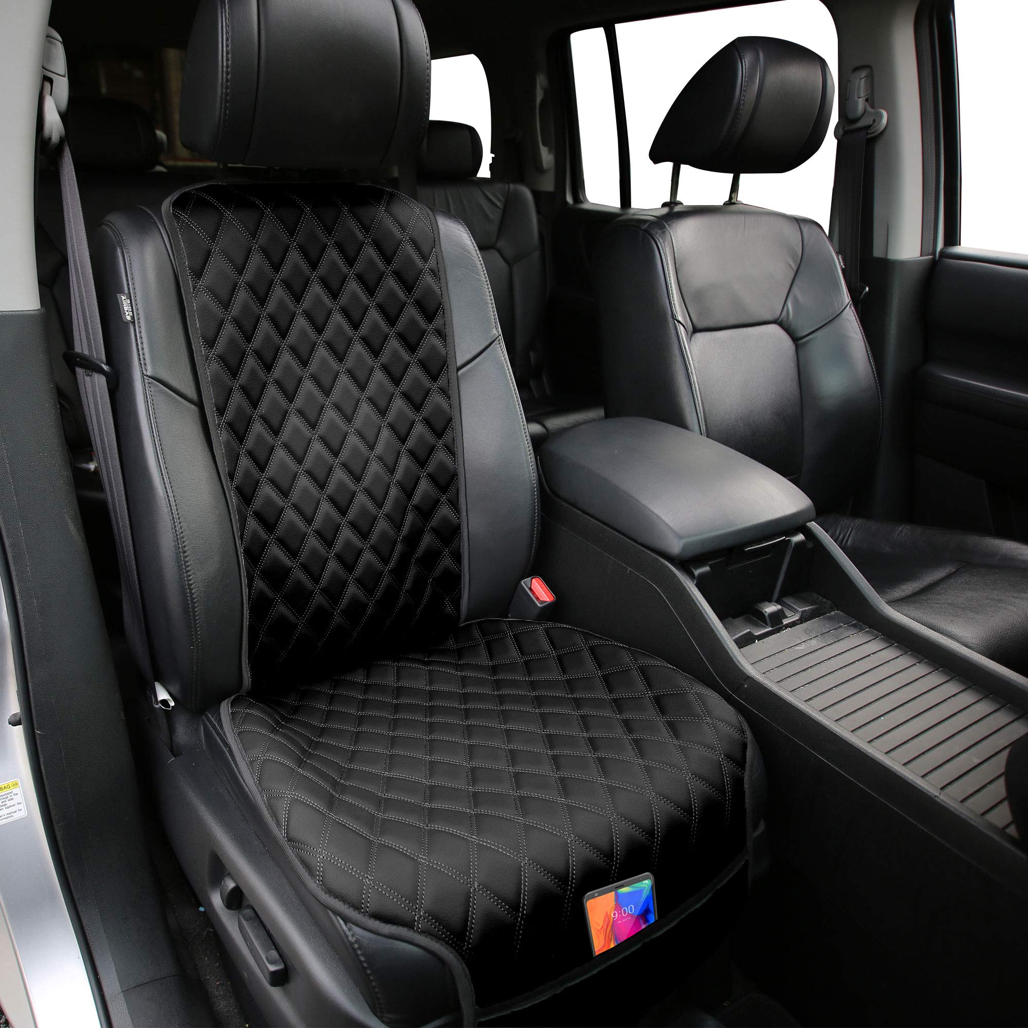 Premium FH Group Car Seat Cushion - Faux Leather Automotive Seat Cover with Front Pockets | Universal Fit for SUV, Sedan, Van | Airbag Compatible & Comfort Support | Perfect for Long Drives, Commuting & Road Trips (Black)