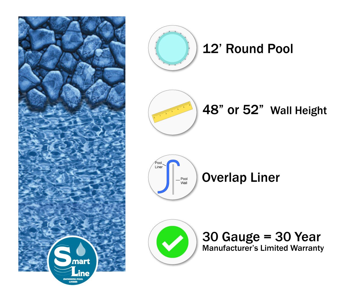 Smartline Boulder Swirl 12-Foot Round Overlap Pool Liner | 30 Gauge Virgin Vinyl | 48-52 Inch Wall Height | Universal Gasket Kit Included | Perfect for Steel Sided Above-Ground Swimming Pools | Durable & Weather-Resistant for Backyard Pool Installation