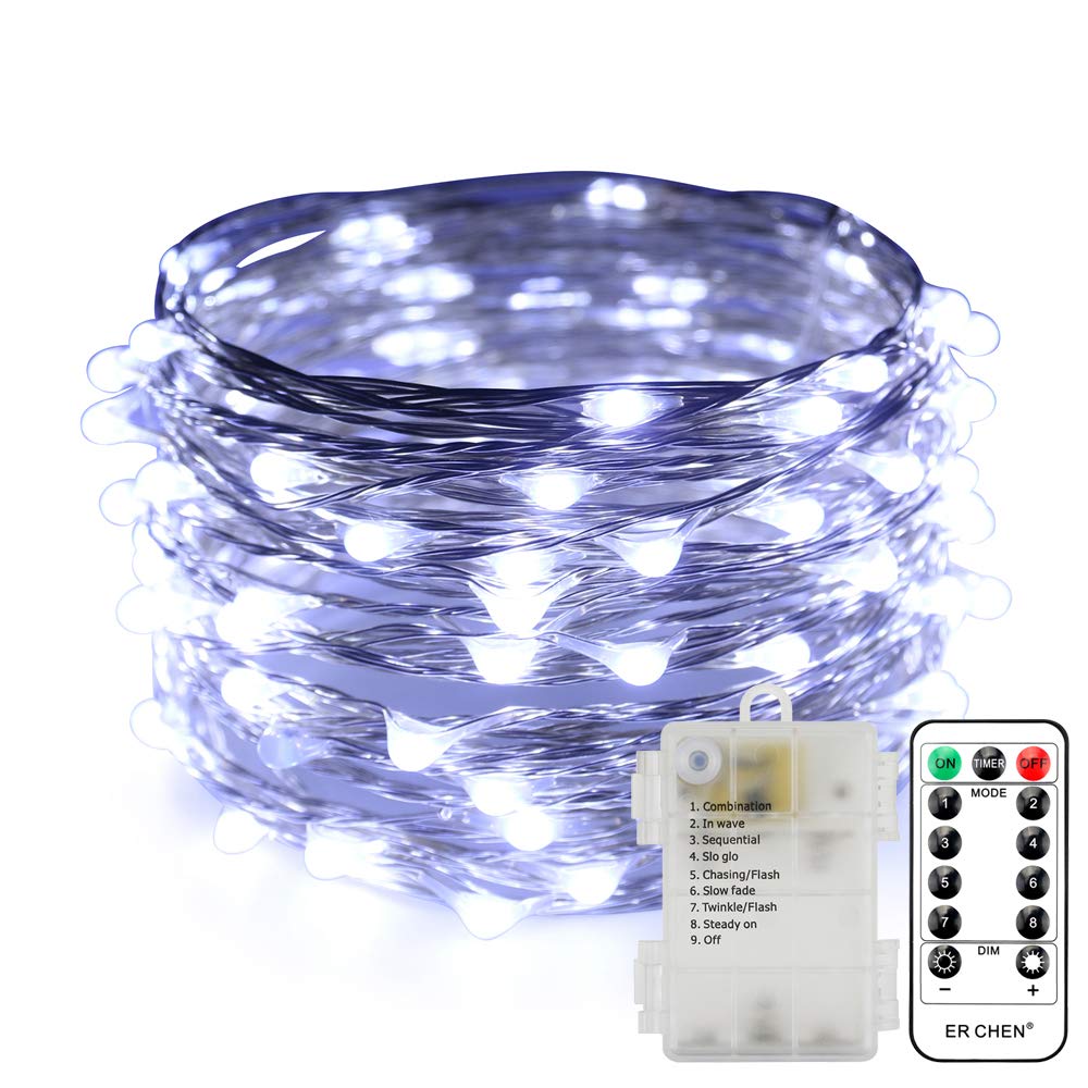 Battery Operated Silver Copper Wire LED String Lights - 33FT 100 LEDs, 8 Modes Dimmable Waterproof Fairy Lights with Remote Control & Timer - Perfect for Indoor Outdoor Wedding, Bedroom, Party, Garden Decoration (White)