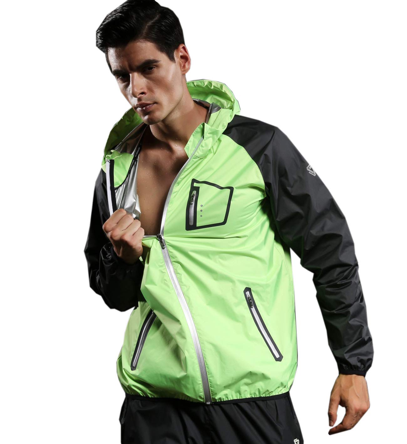 Men's Sauna Suit Hoodie - Zippered Sweat Jacket for Weight Loss & Fitness - Breathable Long Sleeve Workout Gear (Green, Large) - Ideal for Outdoor Training, Gym Sessions & Fat Burning Exercises