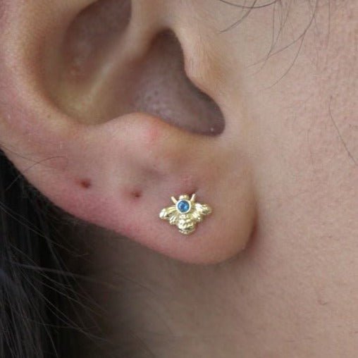 14K Yellow Gold Blue Topaz Bee Stud Earrings - Dainty Floral Jewelry for Women, Perfect for Everyday Wear & Gift Giving