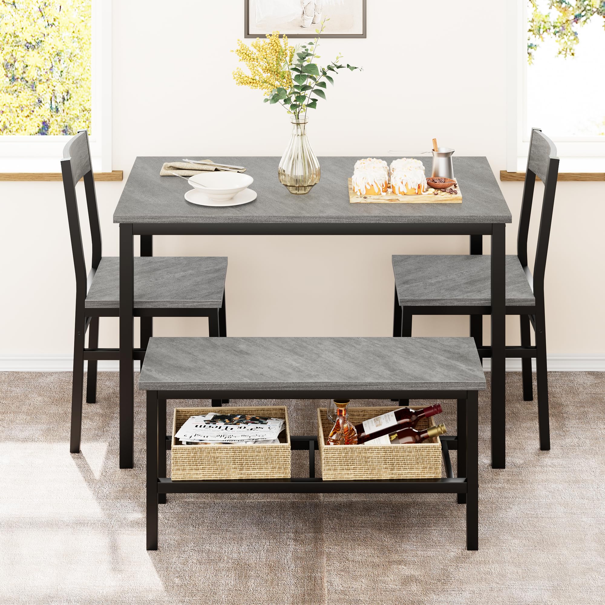 IDEALHOUSE 4-Piece Dining Table Set with 2 Chairs & Storage Bench - Space-Saving Kitchen Table for Small Apartments, Breakfast Nook & Compact Homes (Gray) | Perfect for Family Meals, Entertaining Guests & Cozy Dining Spaces