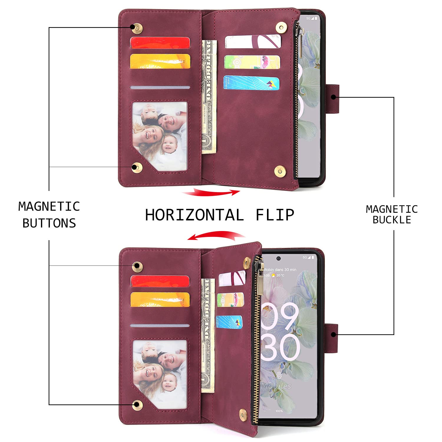 Google Pixel 6A Magnetic Leather Wallet Case - Flip Cover with 6 Card Slots, Hand Strap & Zipper Pocket | Shockproof Stand Case for Women & Men | Perfect for Work, Travel & Daily Use (Red)