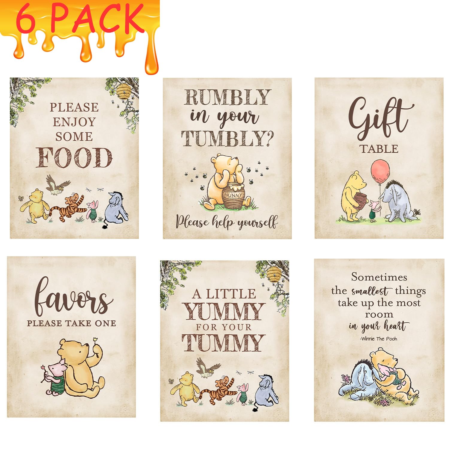Winnie Bear Baby Shower Decorations Set - 6Pcs Gender Reveal & Birthday Party Table Signs for Nursery Decor, Newborn Celebration and Special Occasions