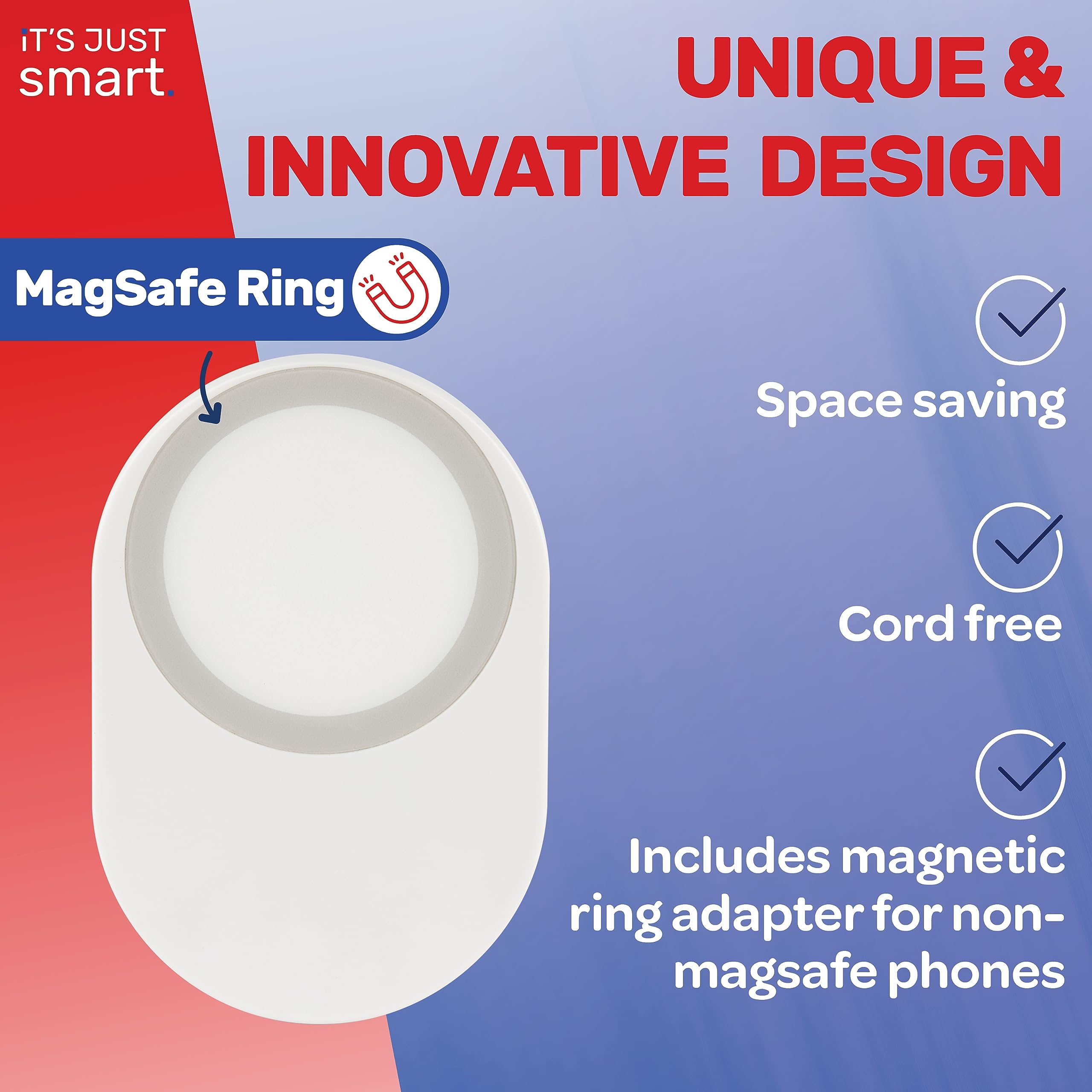 It's Just Smart Universal Magnetic Wireless Charger - Qi Certified Fast Charging Pad Compatible with iPhone 15/14/13/12/11/X, Samsung Galaxy S24/S23/S22/S21/S20 & Google Pixel | MagSafe Technology | Perfect for Home, Office & Car Use