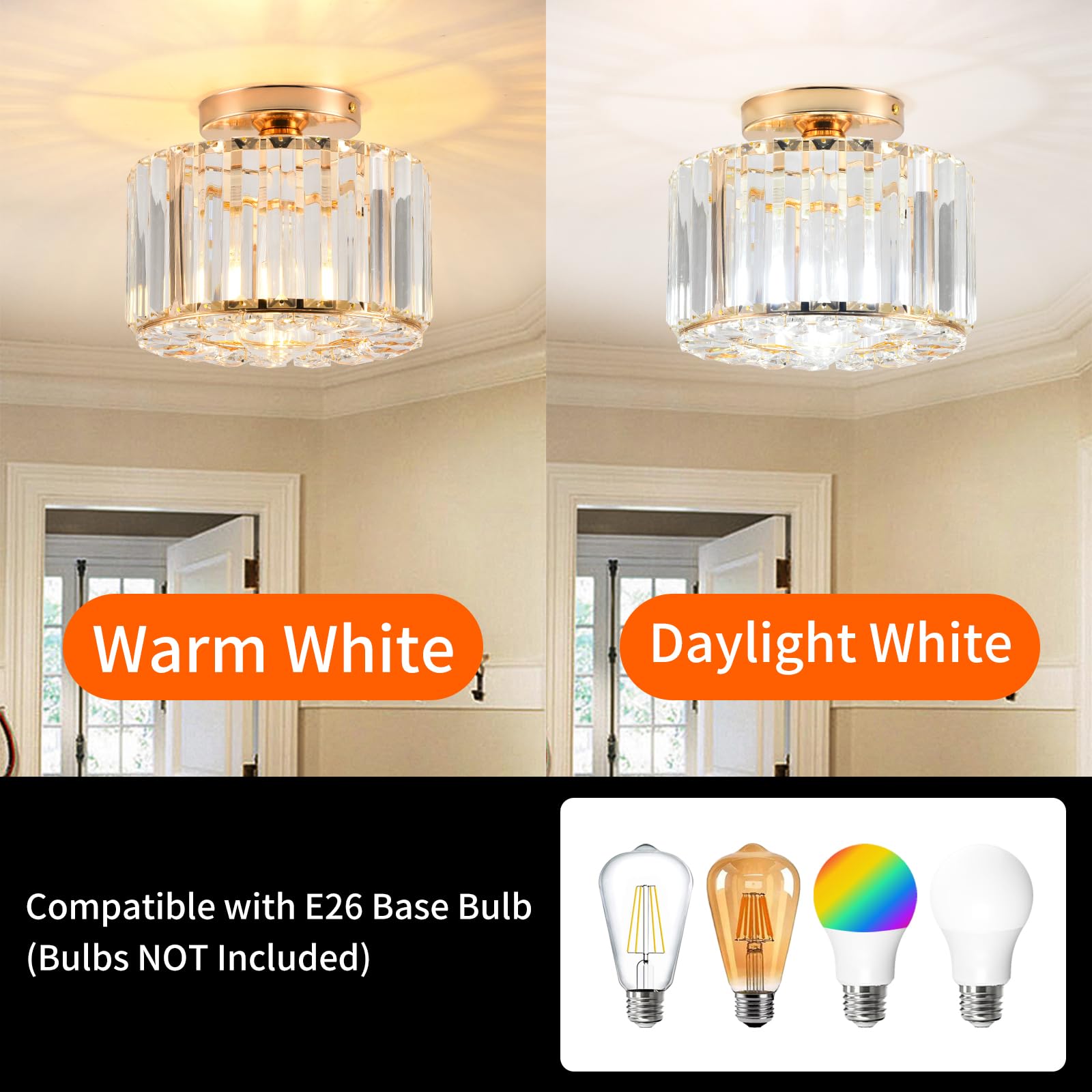 Crystal Ceiling Light Fixture - Gold Semi Flush Mount Chandelier with Crystal Accents for Bedroom, Kitchen, Hallway, Dining Room & Living Room | Elegant Lighting for Home Decor, Entryway & Bar Areas