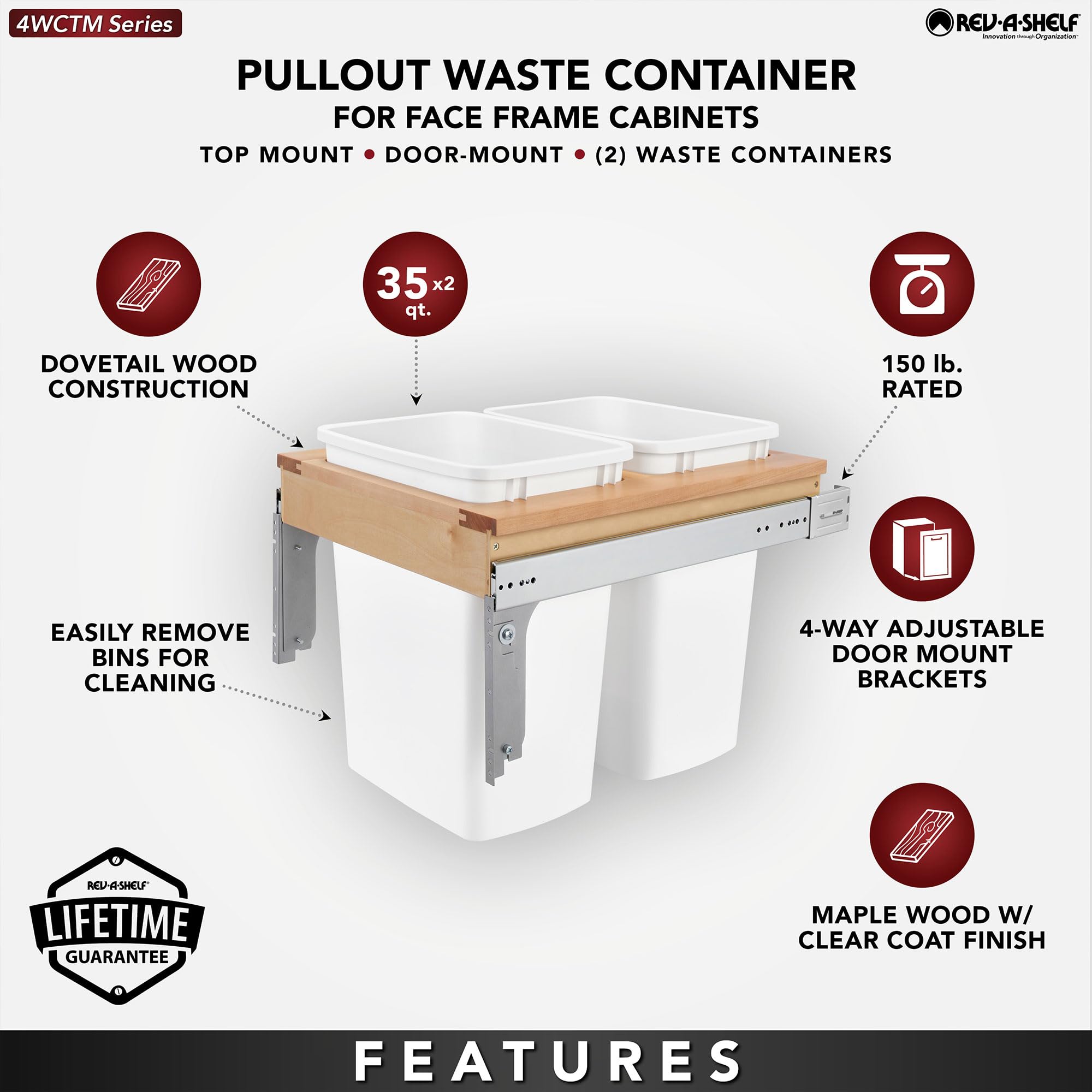 Rev-A-Shelf 35 Qt Double Pullout Trash Can - White Wood Top Mount Garbage Bin for Kitchen & Bathroom Cabinets, 18