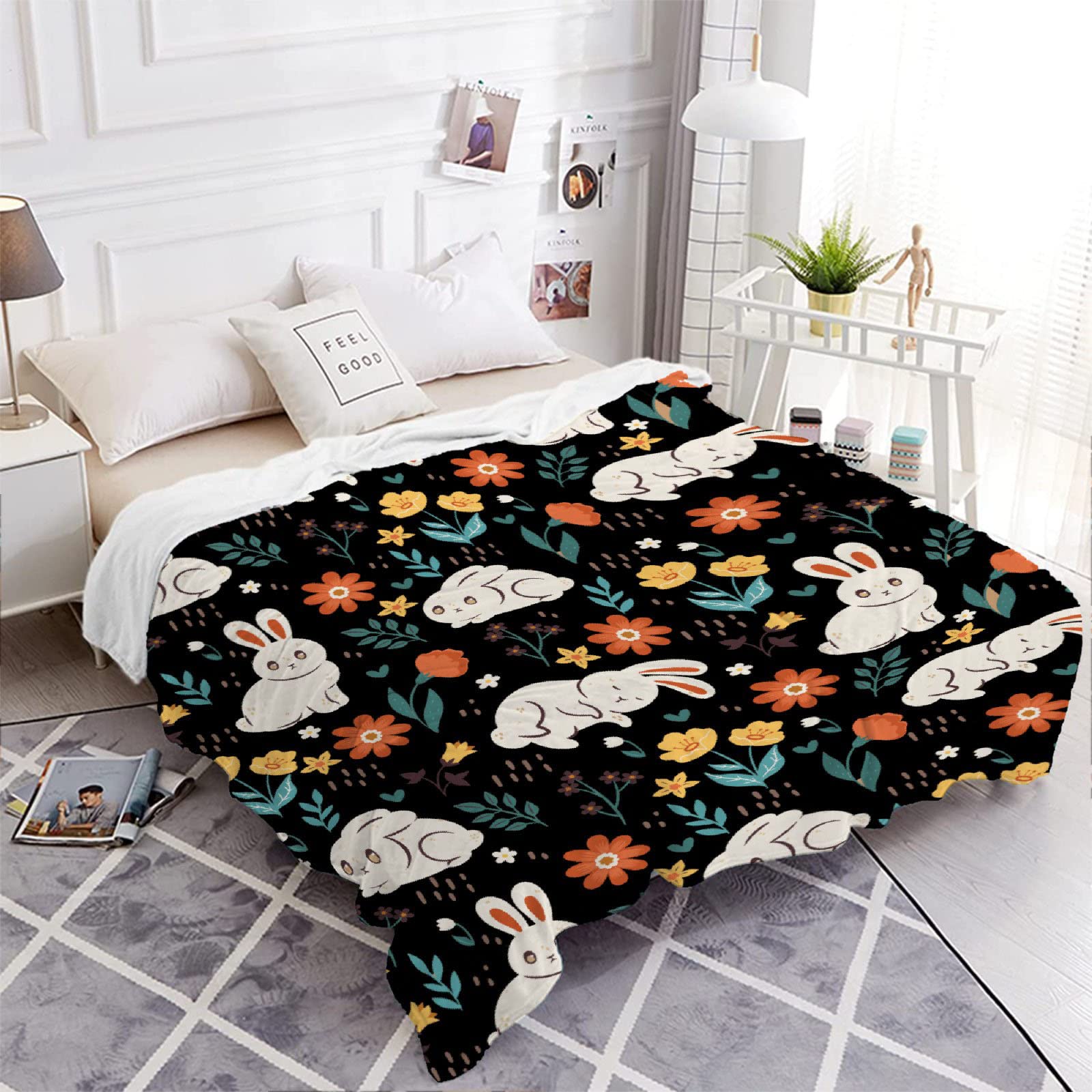 Soft Cozy Fleece Bunny & Flower Throw Blanket for Women & Girls - Extra Large 120x90 Inch (Overking) All-Season Blanket for Bed, Couch, Chair - Perfect for Family Movie Nights, Nursery Decor & Gift Giving