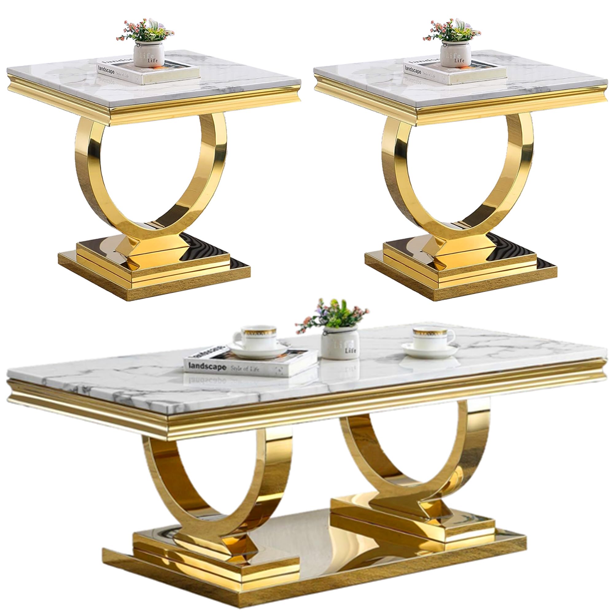 Modern 3-Piece Living Room Table Set - Faux Marble Coffee Table & 2 Gold Side Tables with Stainless Steel Legs, Luxury Rectangular Furniture for Apartment, Bedroom & Living Space | Perfect for Small Spaces, Home Decor & Entertaining Guests